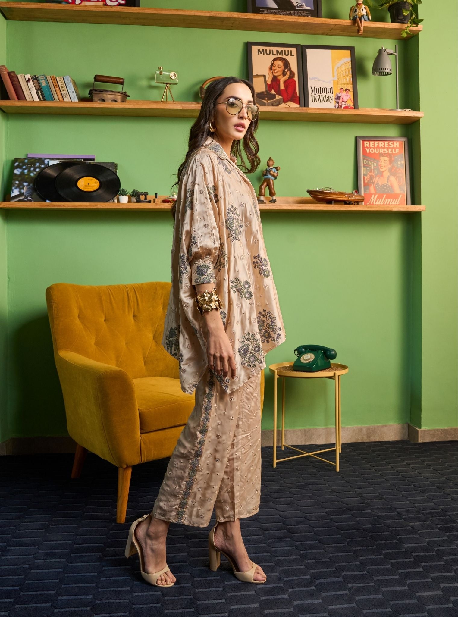 Siyaahi Cupro Satin Champagne Printed Shirt Set