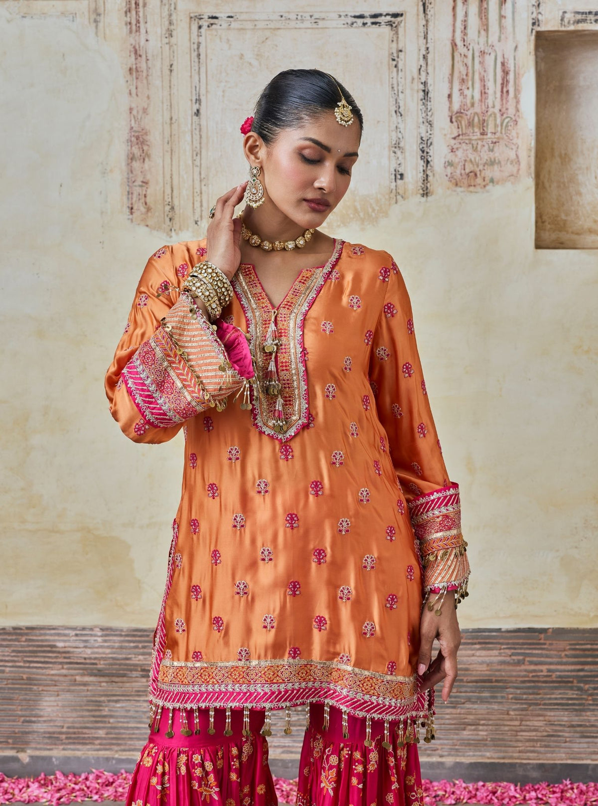 Surkhi Cupro Satin Orange Kurta with Garara