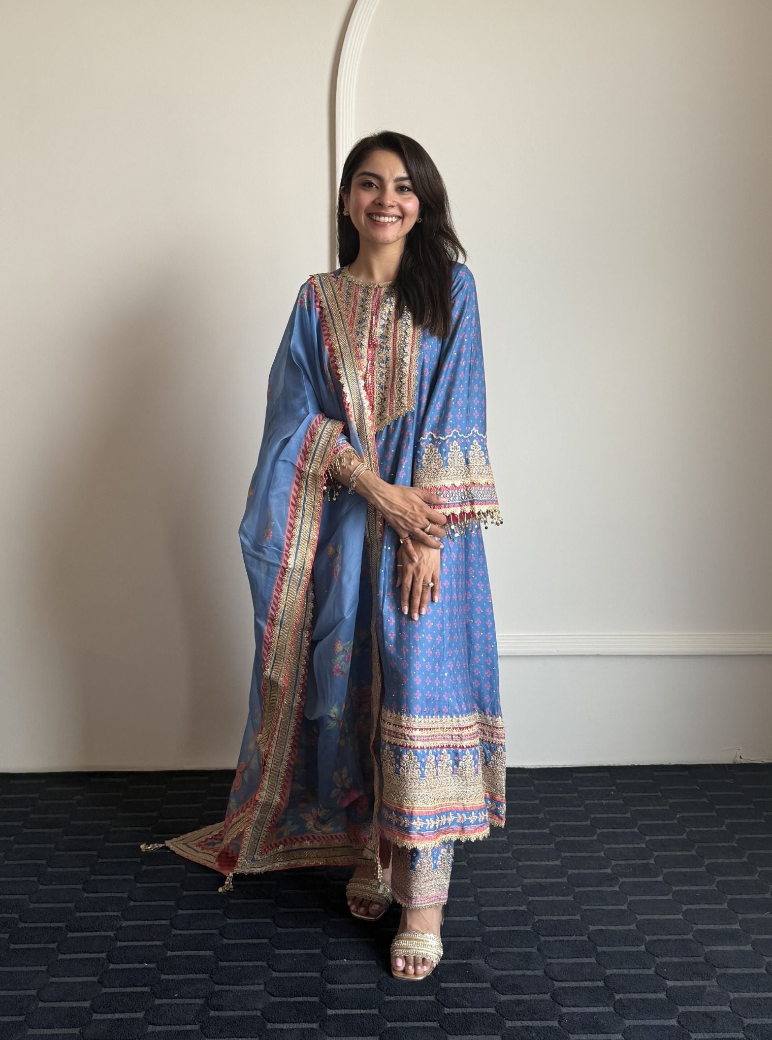 Maitri Pima Satin Steel Blue Kurta Set