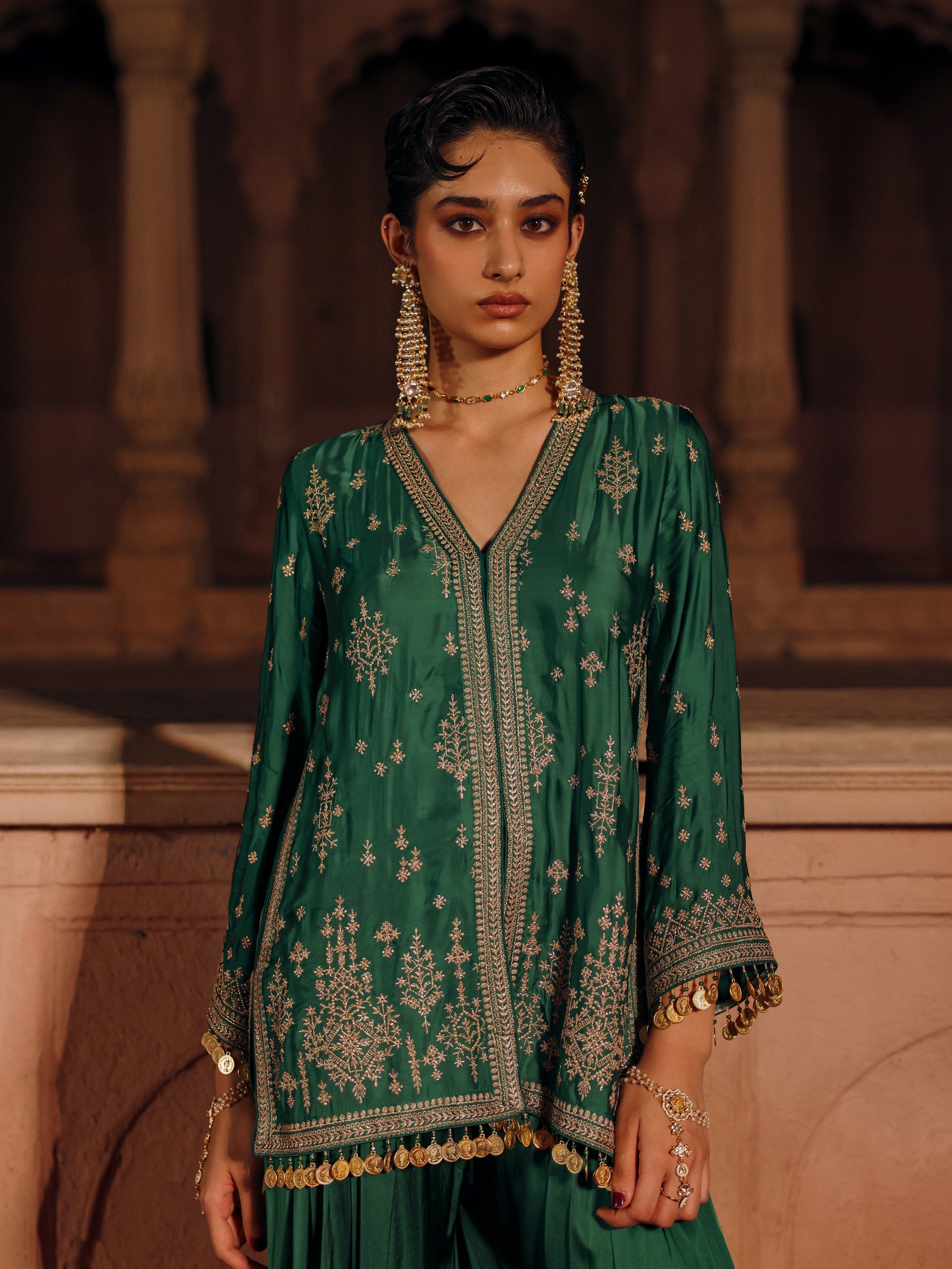 Laado Cupro Satin Emerald Green Short Kurta with Draped Pants