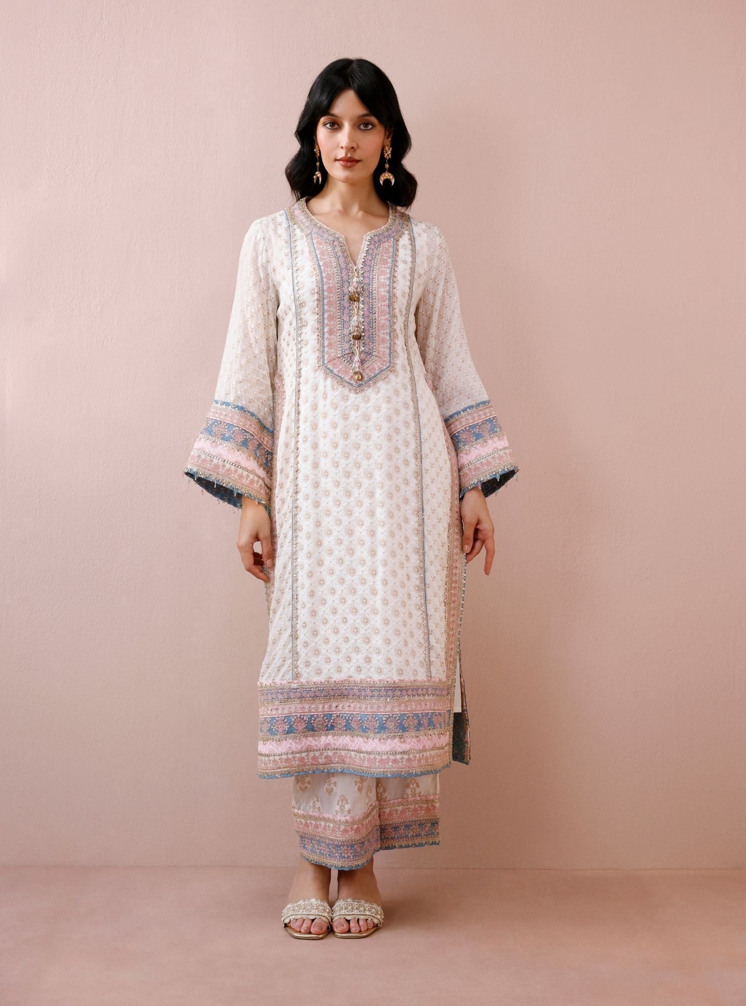 Orelia Banarsi Off-White Long Kurta Set