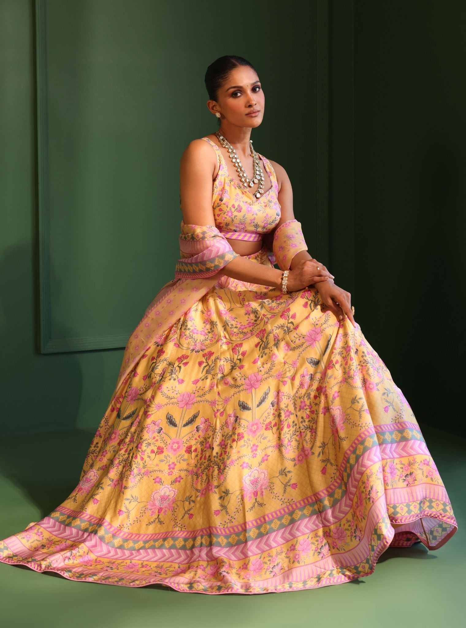 Mulmul Cupro Satin Printed Jhanak Yellow Lehenga