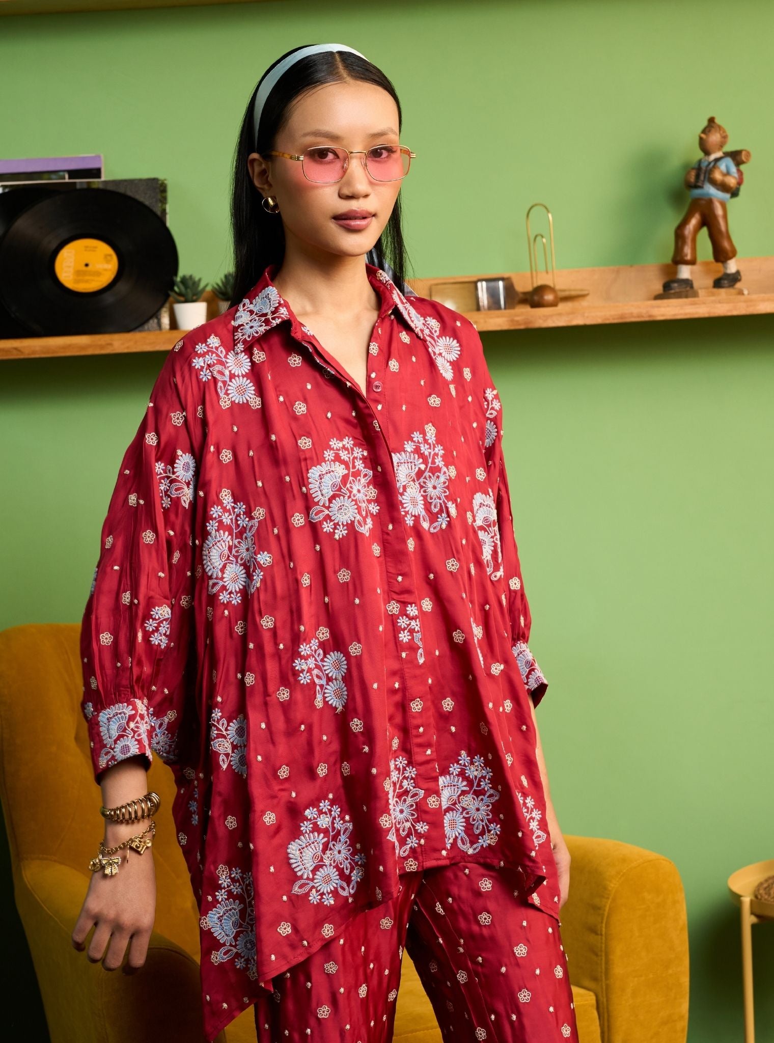 Siyaahi Cupro Satin Red Printed Shirt Set