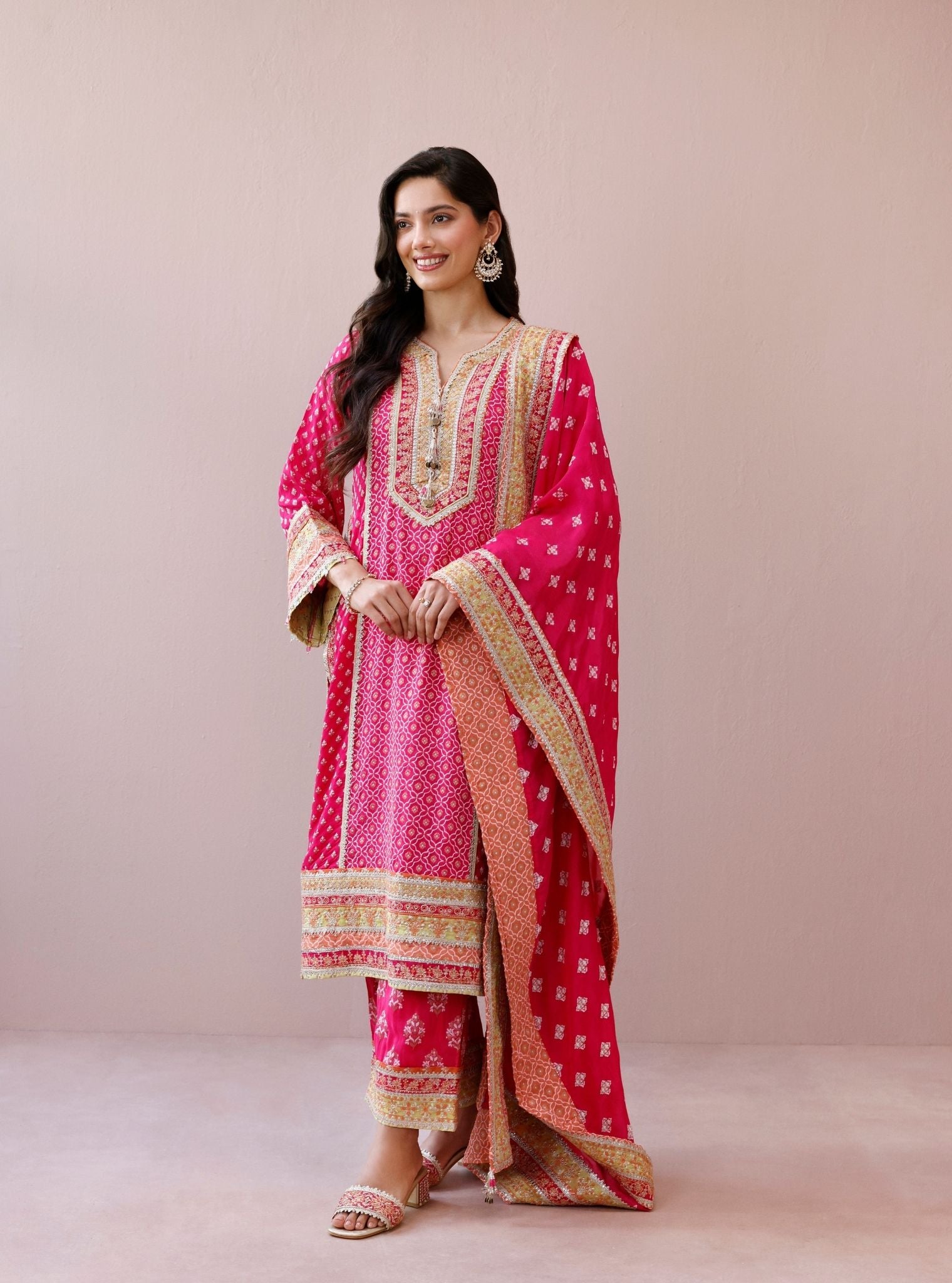 Orelia Banarsi Fuchsia Long Kurta Set