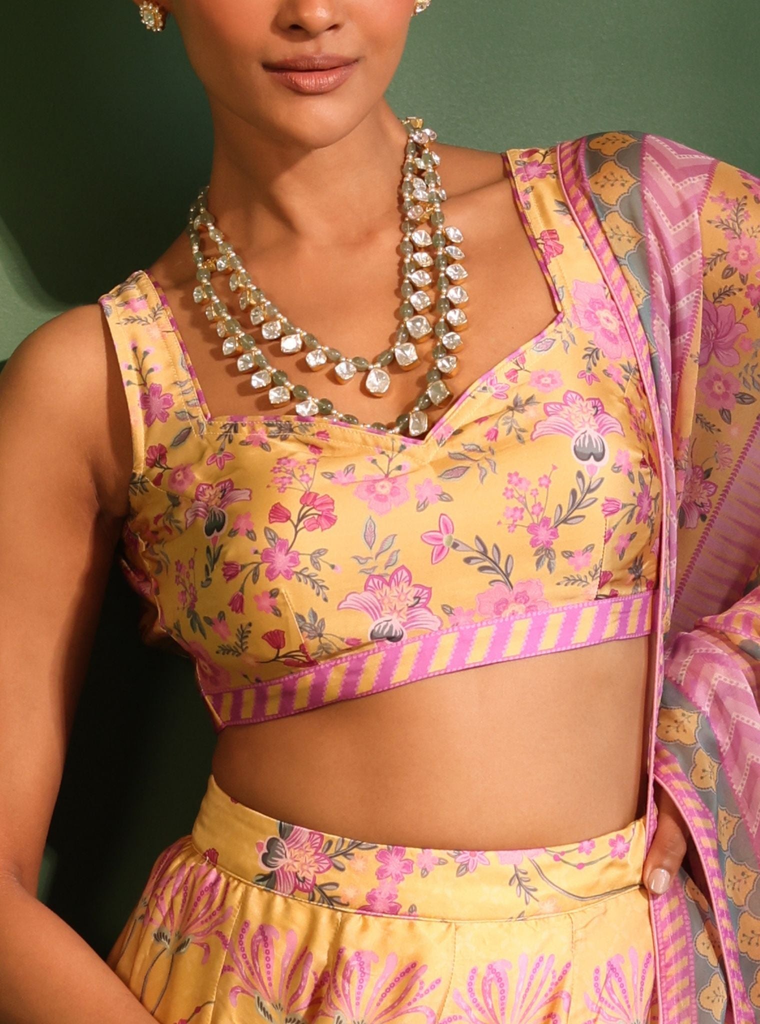 Mulmul Cupro Satin Printed Jhanak Yellow Lehenga