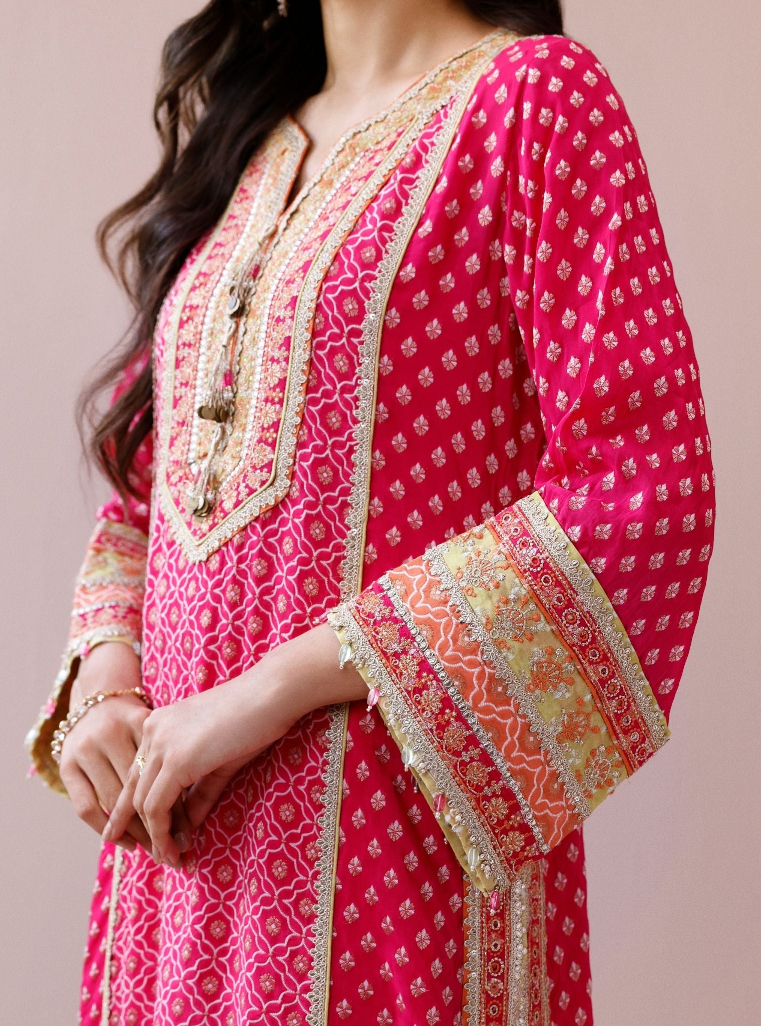 Orelia Banarsi Fuchsia Long Kurta Set