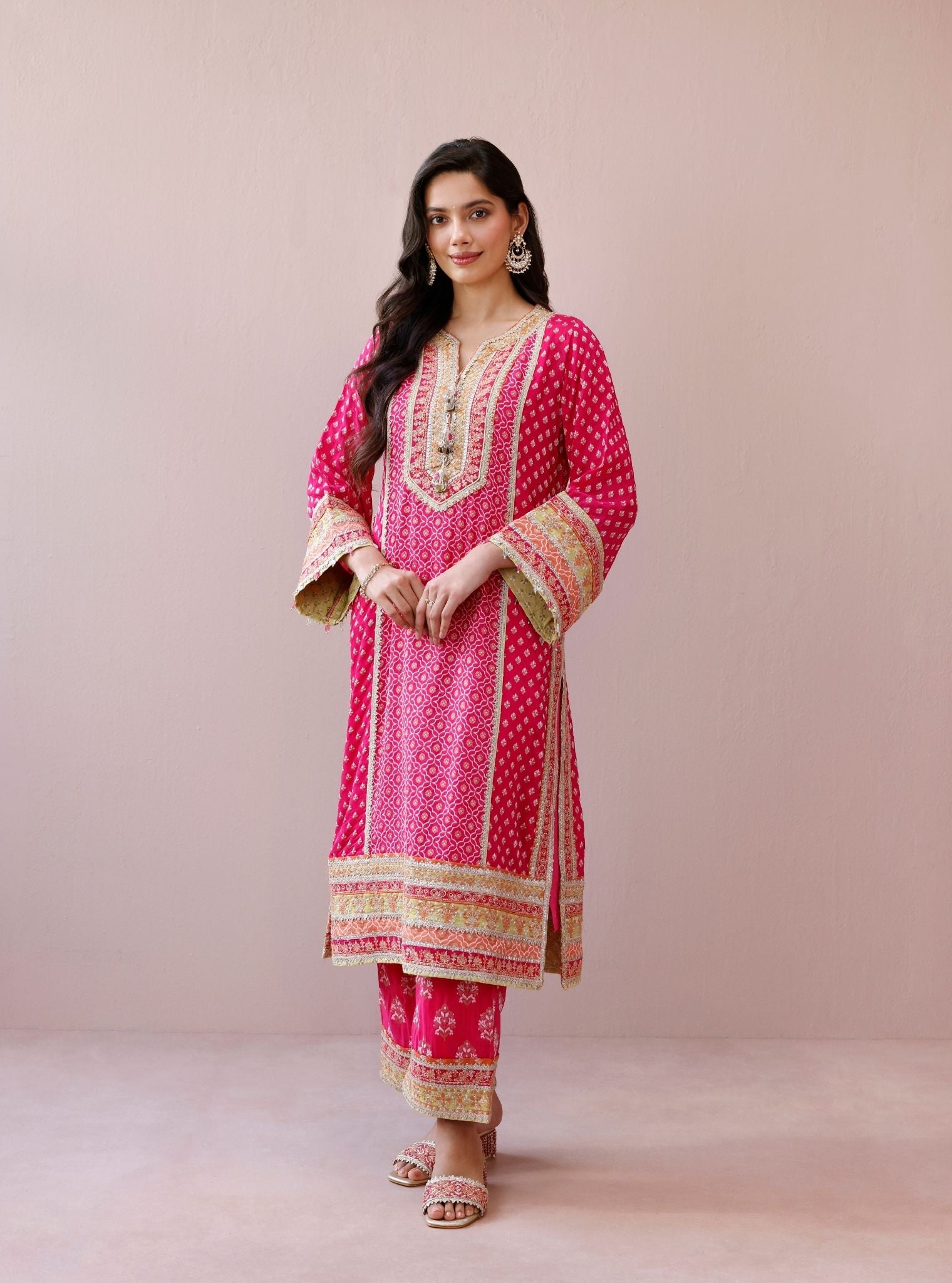 Orelia Banarsi Fuchsia Long Kurta Set
