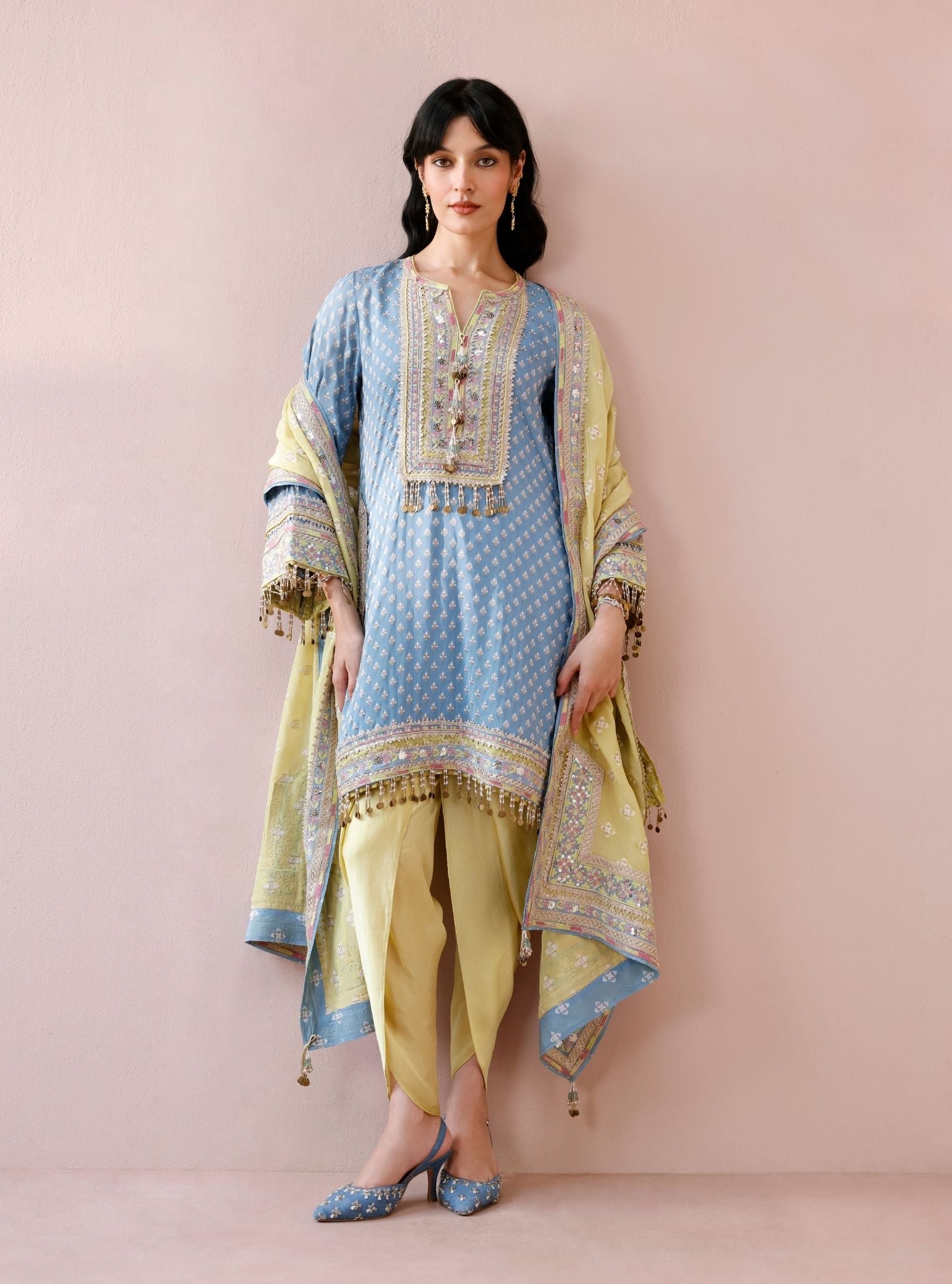 Tila Banarsi Blue Short Kurta with Dhoti Pants
