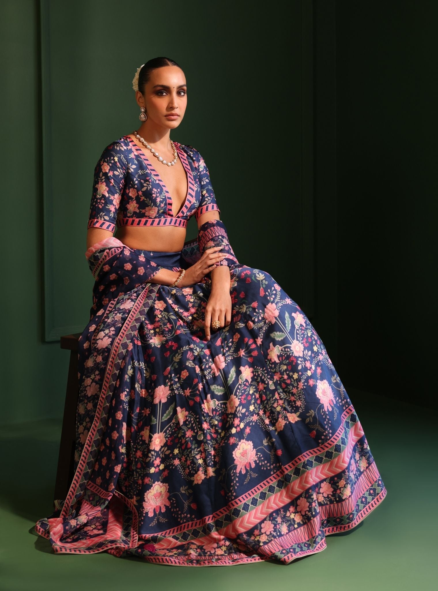 Mulmul Cupro Satin Jhanak Navy Lehenga with Mulmul Organza Printed Jhanak Navy Dupatta