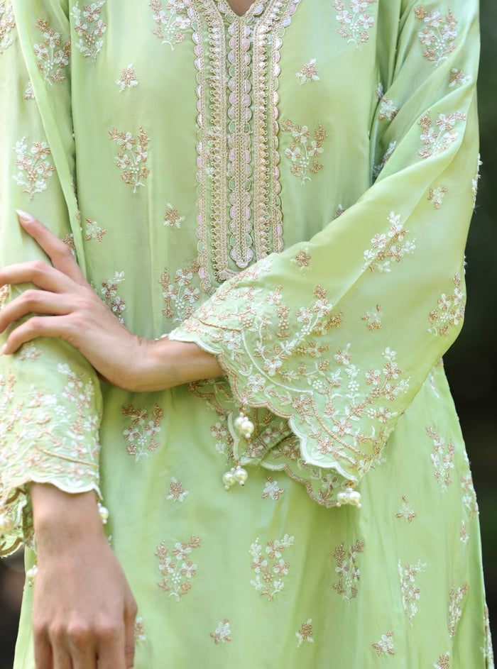 Mangalam Cupro Satin Green Kurta Set main image 1