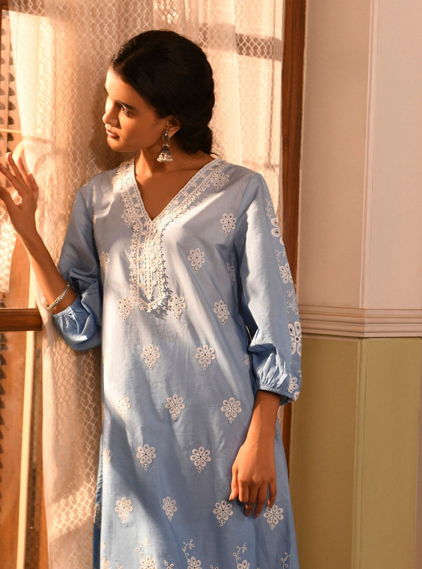 Mulmul Supima Cotton Verlem Blue kurta