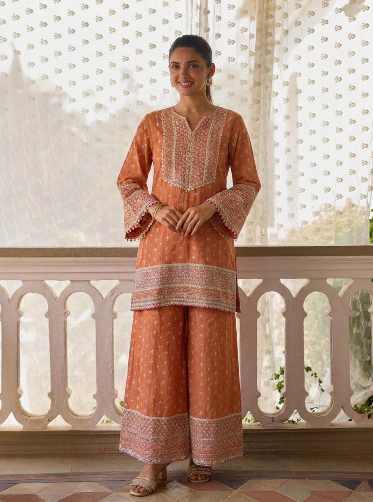 Laagi Pima Satin Orange Kurta Set