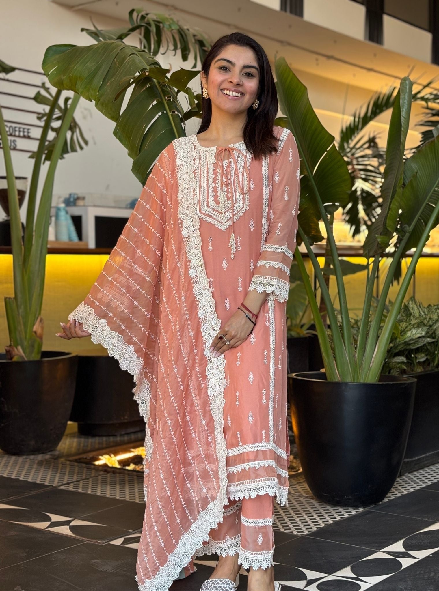 Mulmul Organza Delie Peach Kurta With Mulmul Cotton Delie Peach Pant