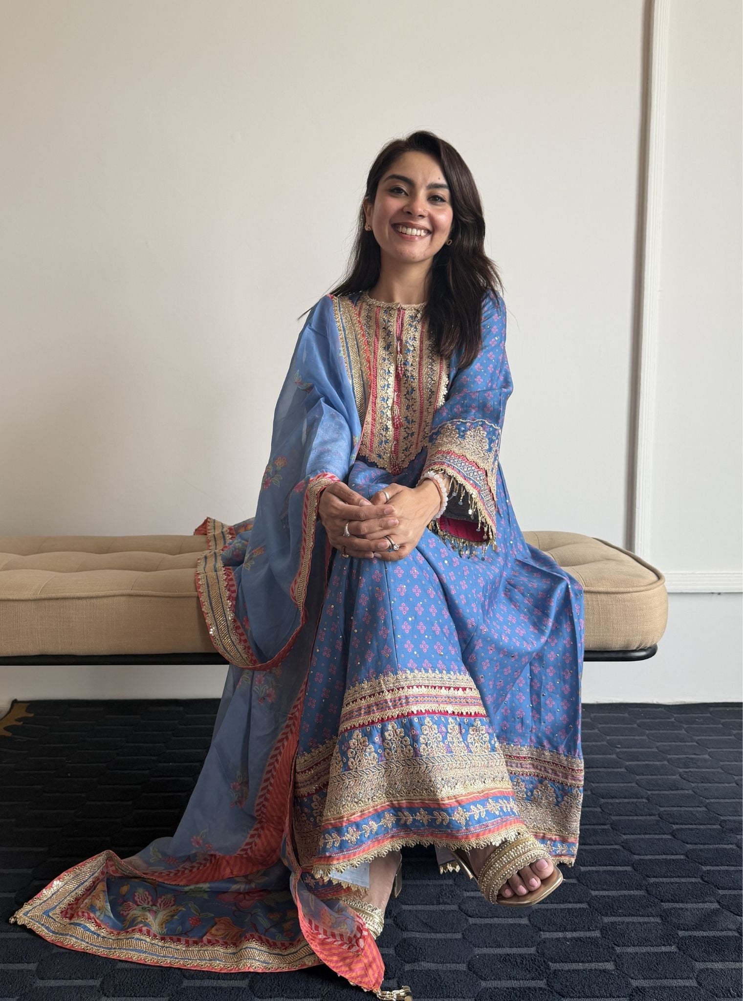 Maitri Pima Satin Steel Blue Kurta Set