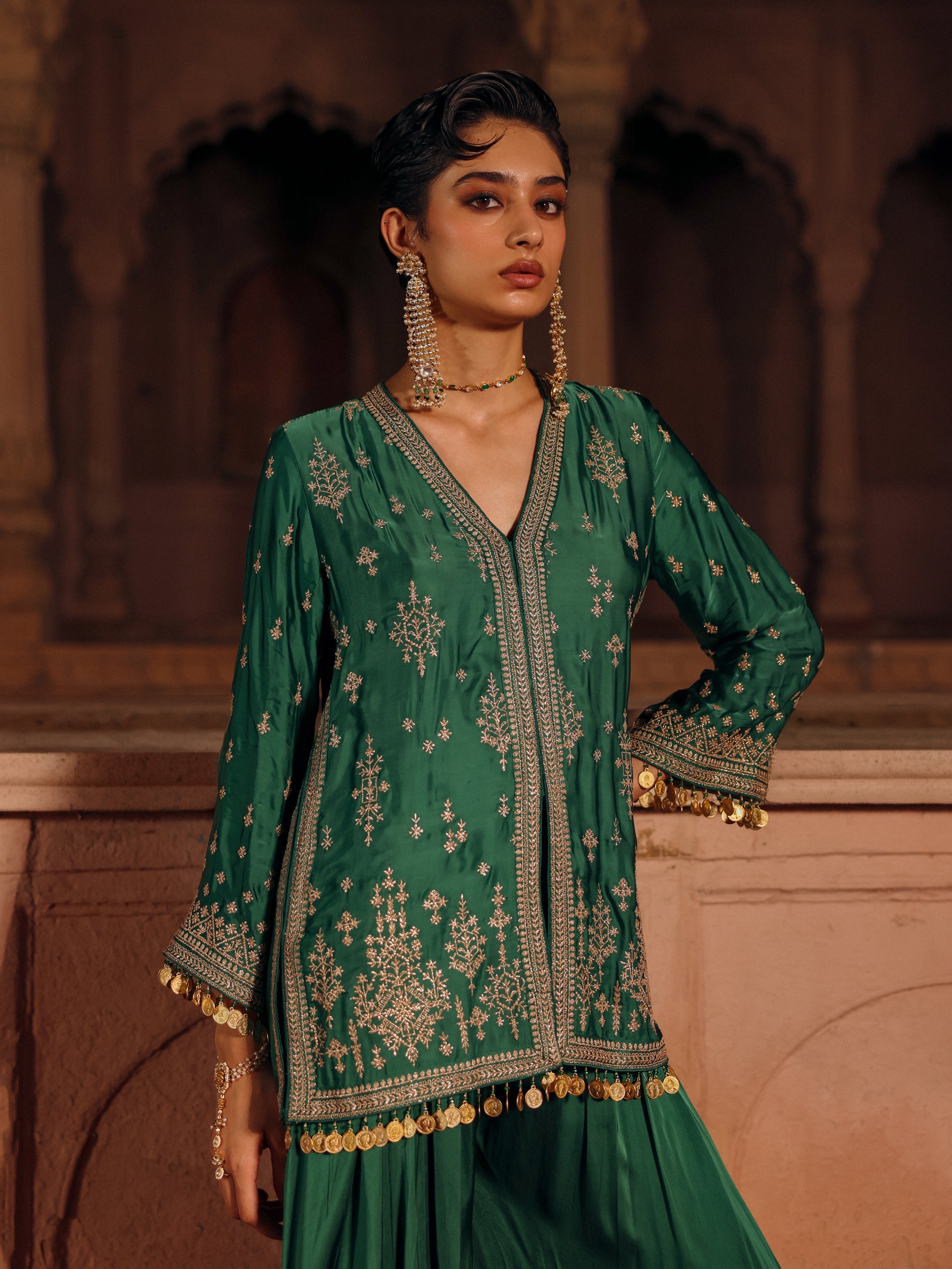 Laado Cupro Satin Emerald Green Short Kurta with Draped Pants