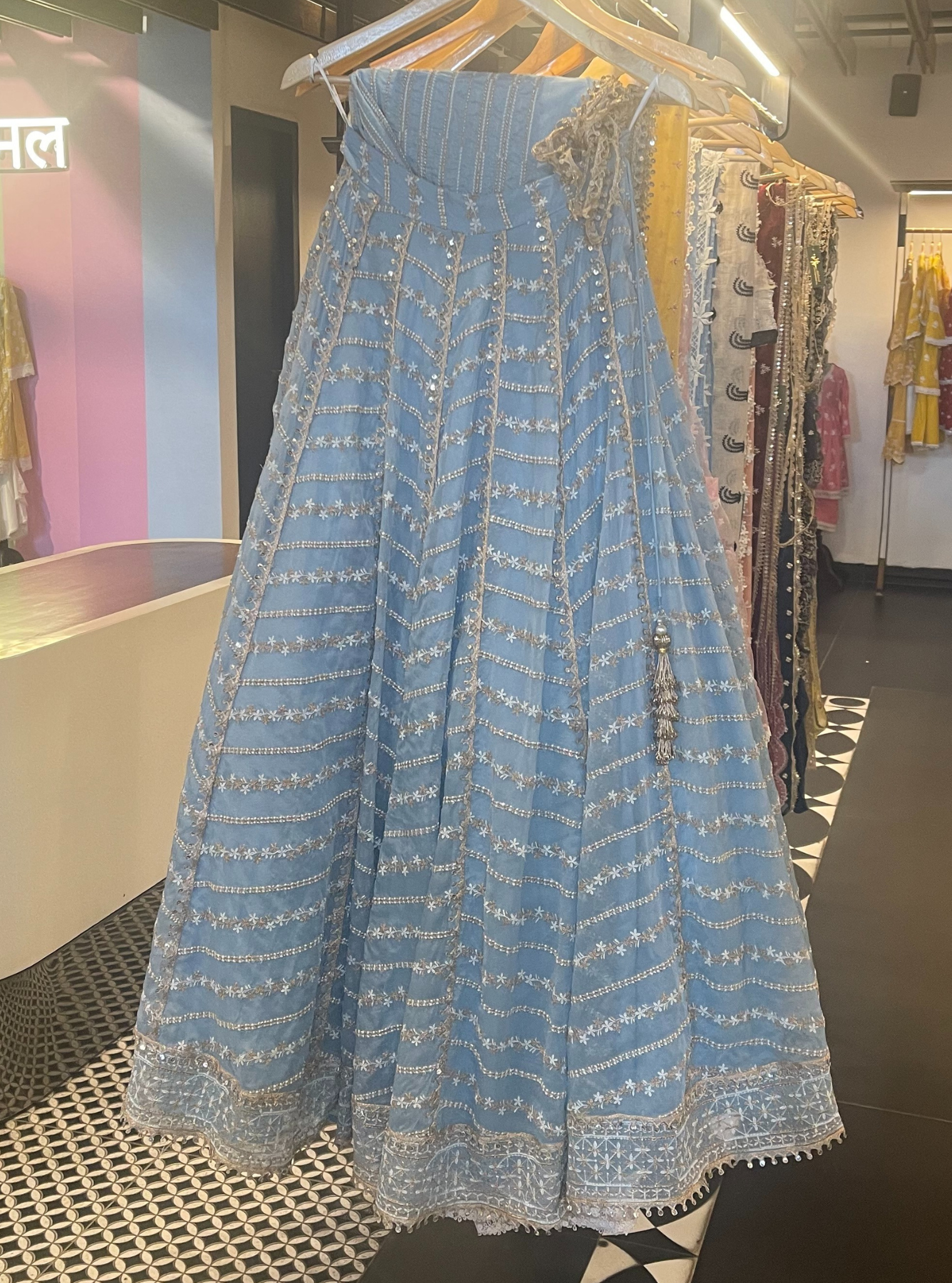 Mulmul Organza Gulmohar Blue Lehenga