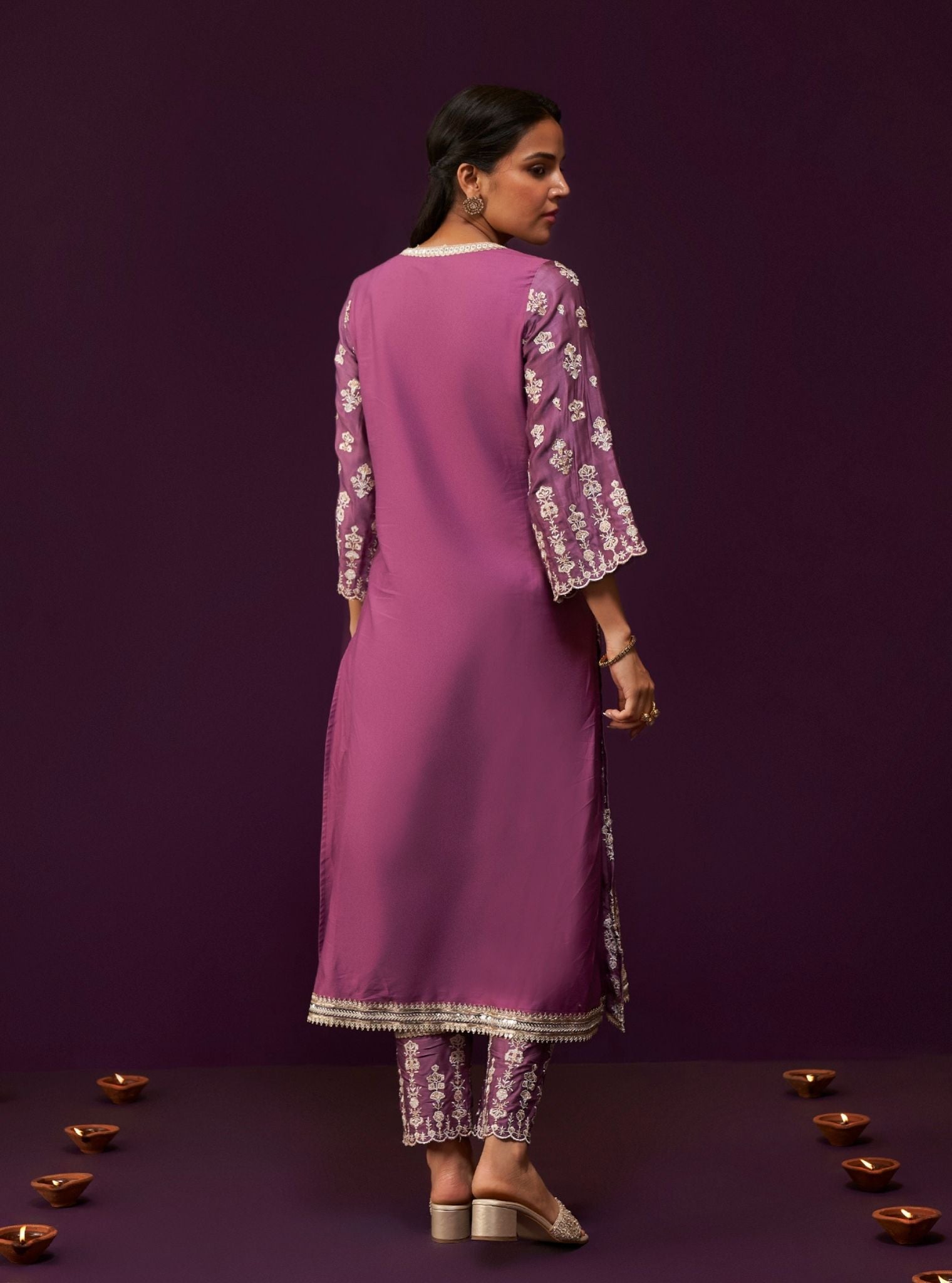 Mulmul Cupro Satin Florentina Purple Kurta With Mulmul Cupro Satin Florentina Purple Pant