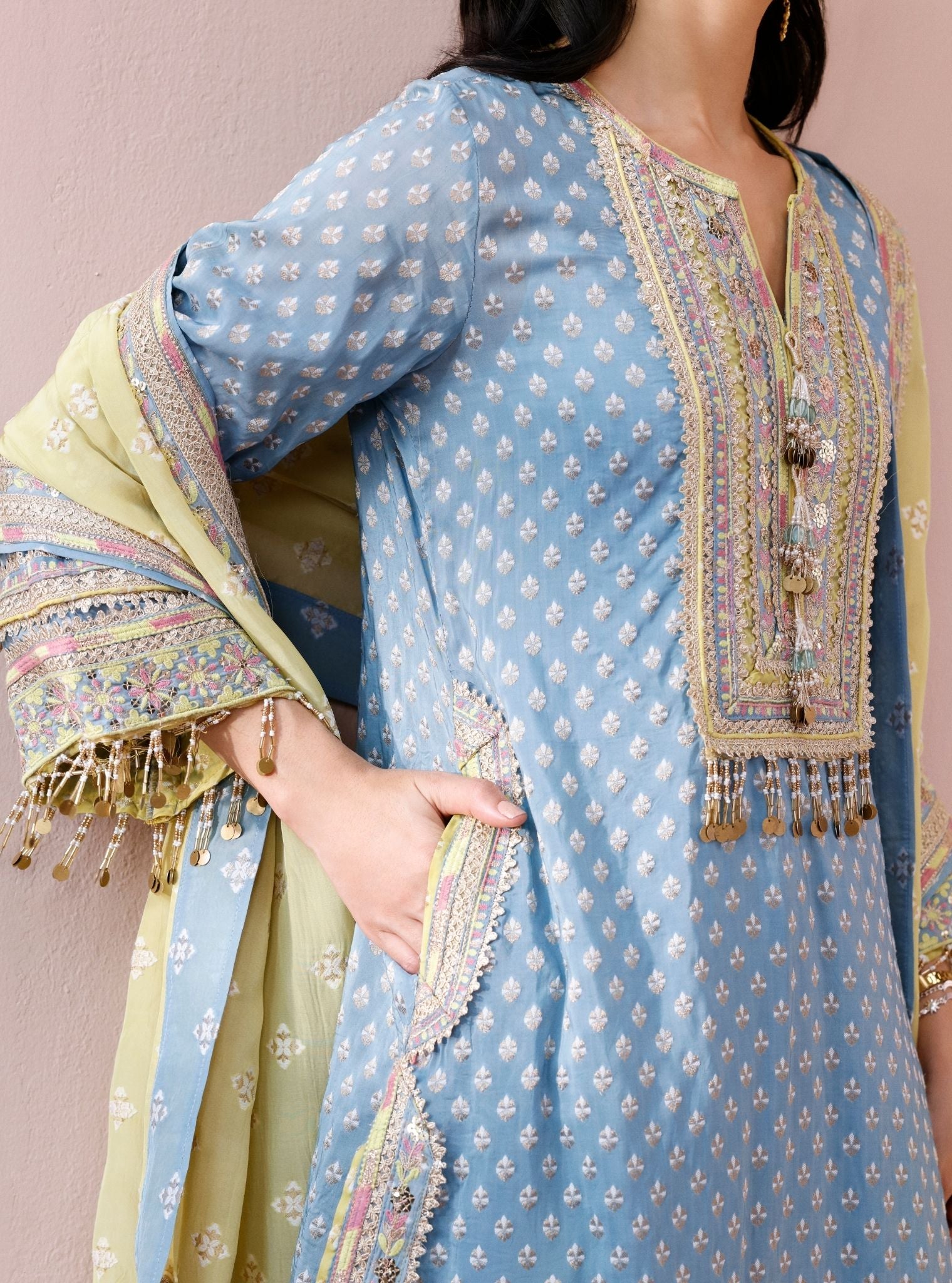 Tila Banarsi Blue Short Kurta with Dhoti Pants