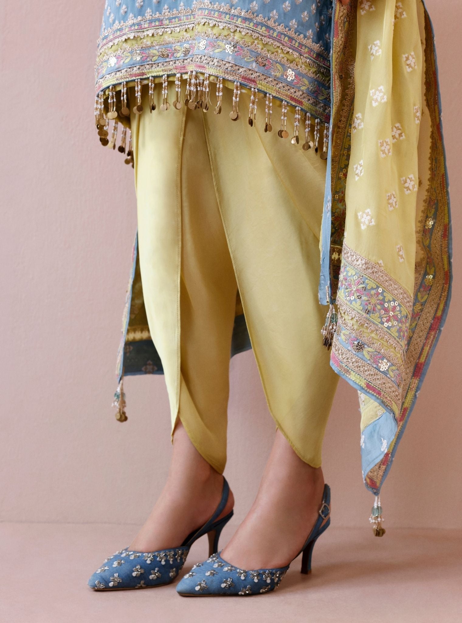 Tila Banarsi Blue Short Kurta with Dhoti Pants