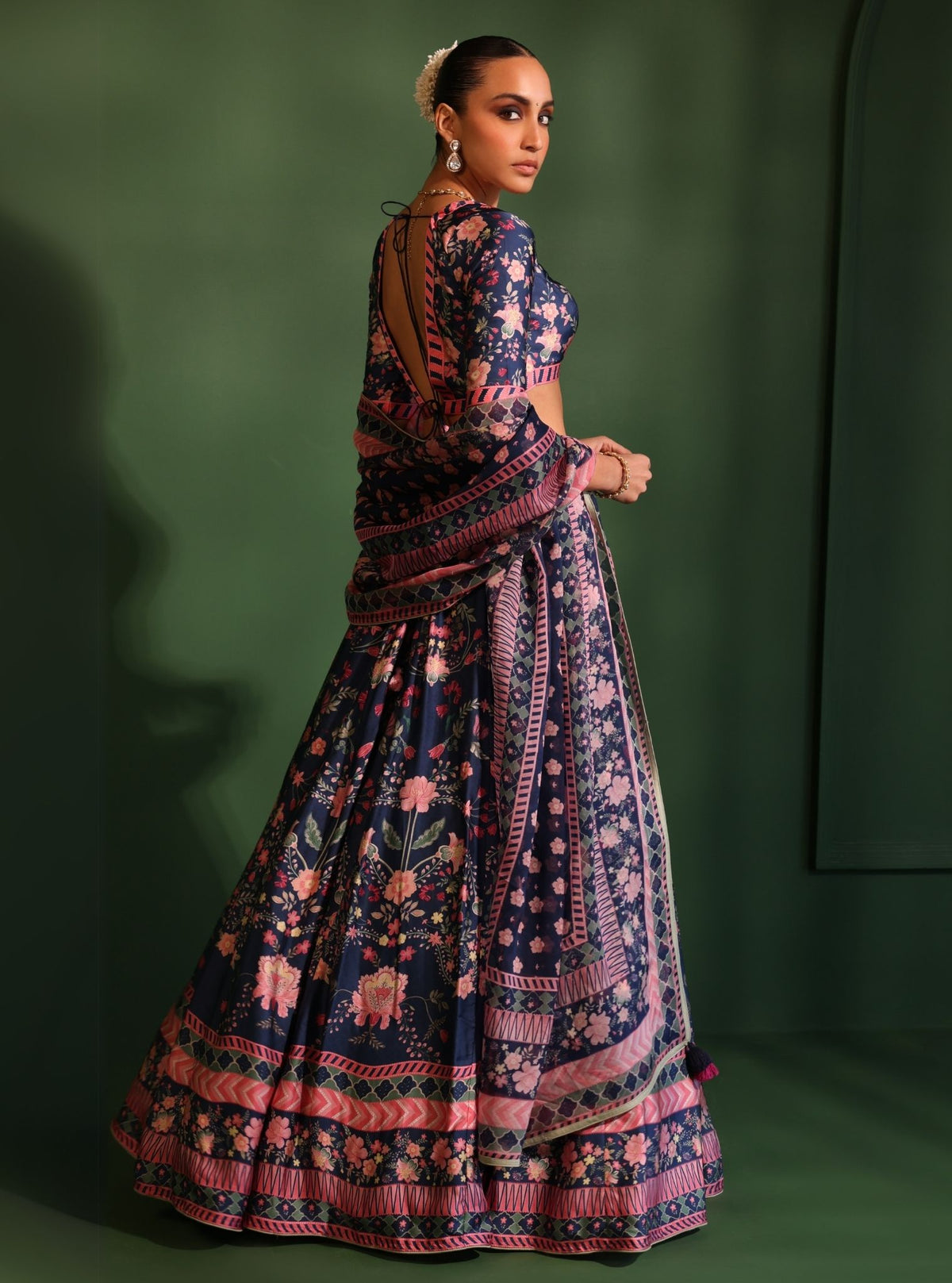 Taal Cupro Satin Navy Ajrakh Print Lehenga