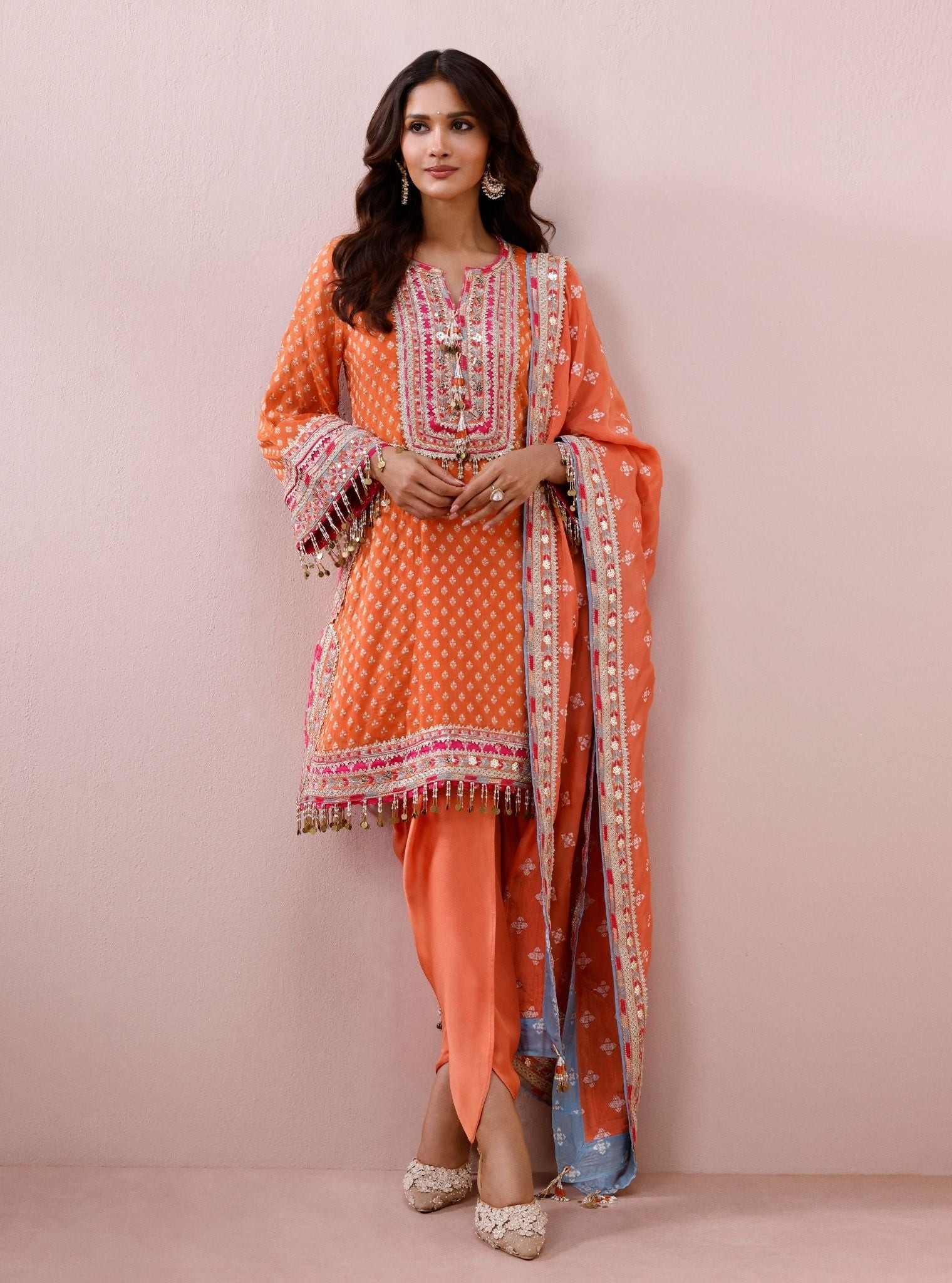 Tila Banarsi Orange Short Kurta with Dhoti Pants