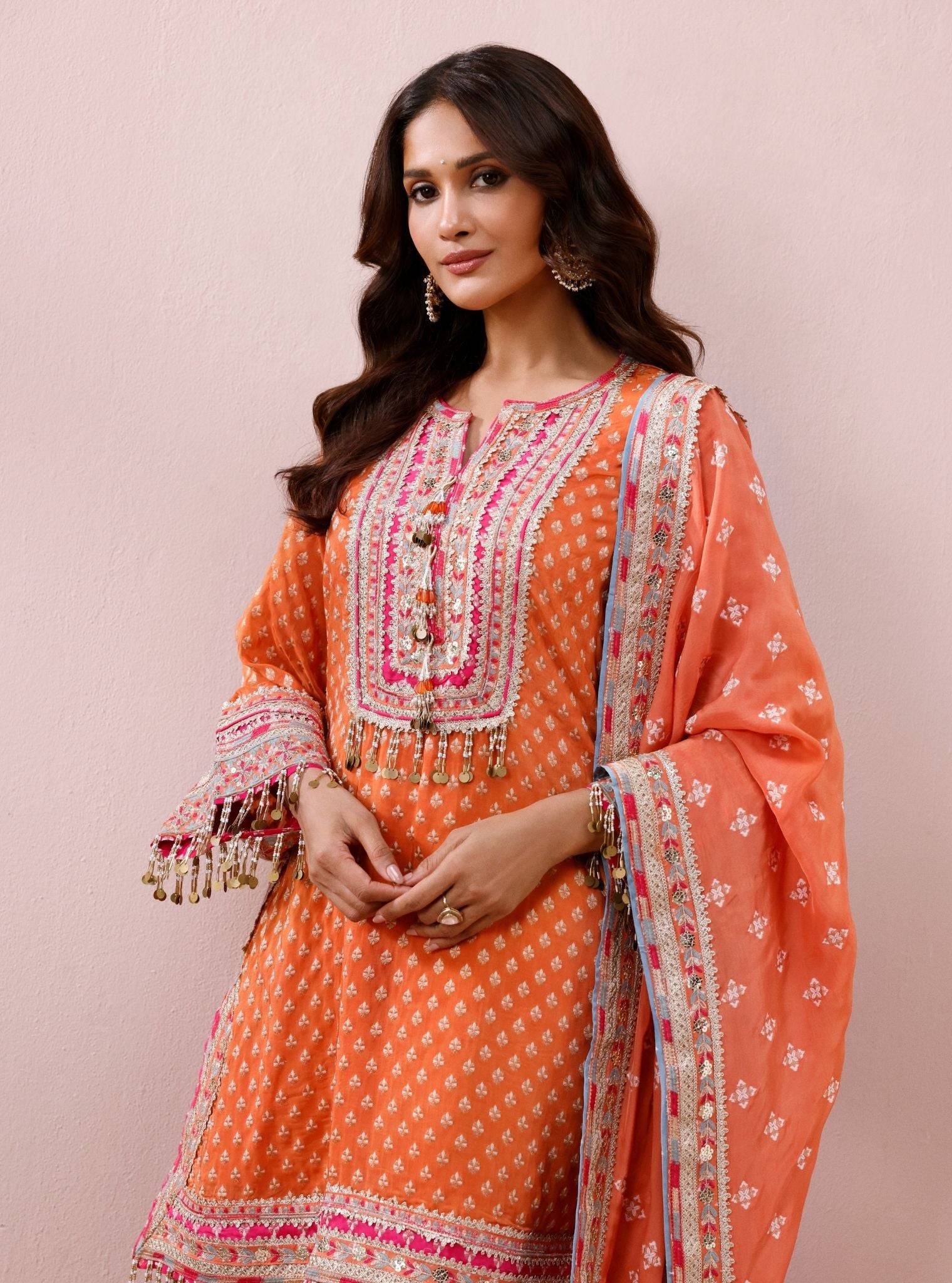 Tila Banarsi Orange Short Kurta with Dhoti Pants
