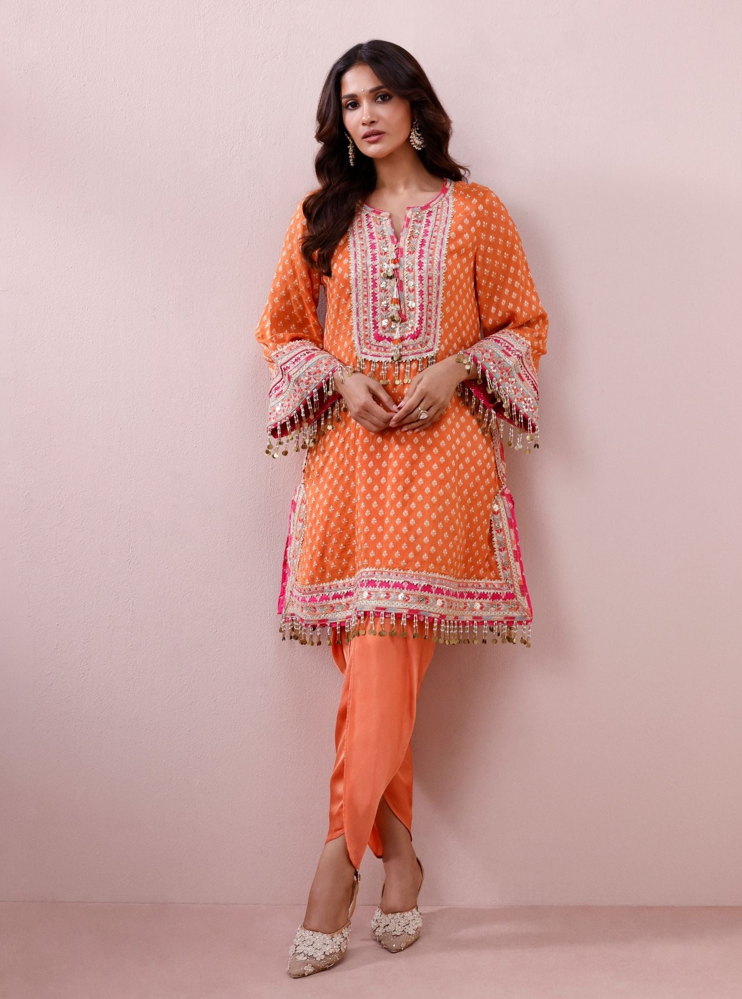 Tila Banarsi Orange Short Kurta with Dhoti Pants