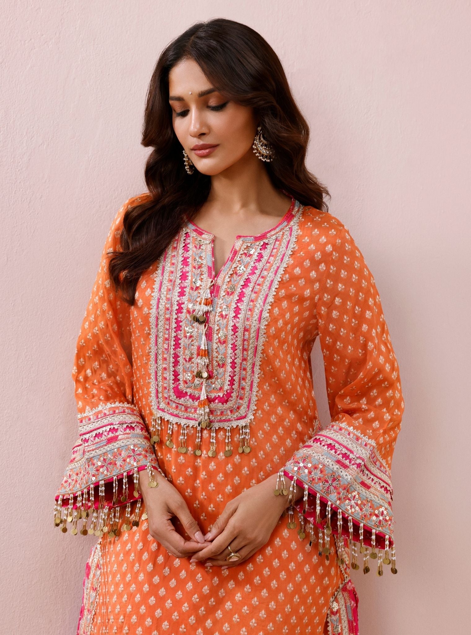 Tila Banarsi Orange Short Kurta with Dhoti Pants