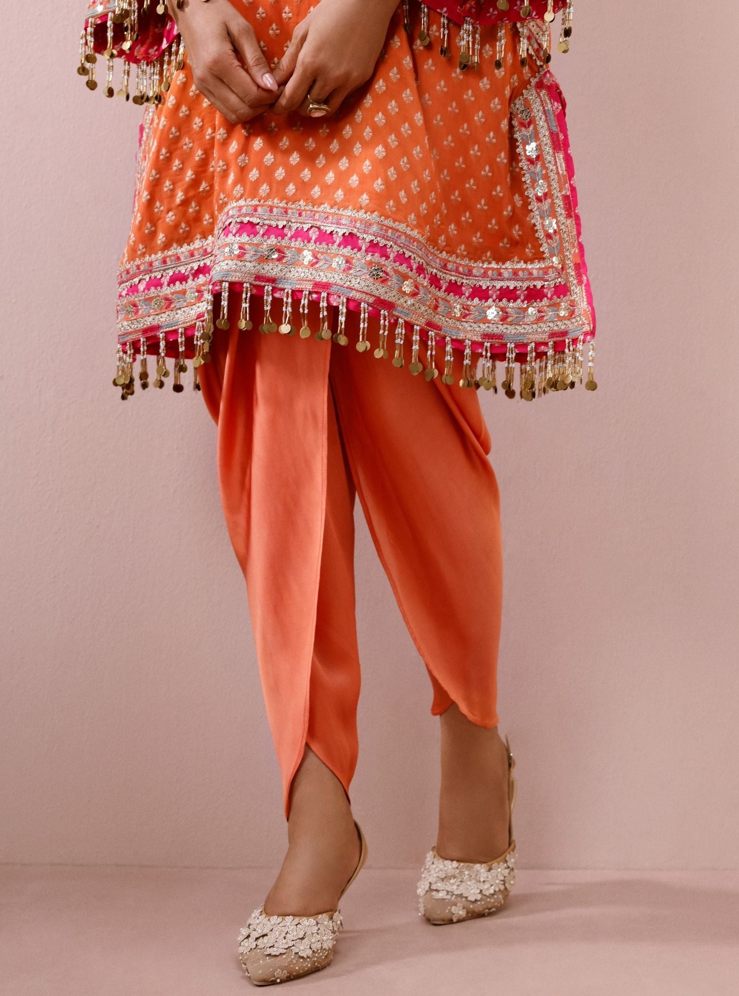 Tila Banarsi Orange Short Kurta with Dhoti Pants