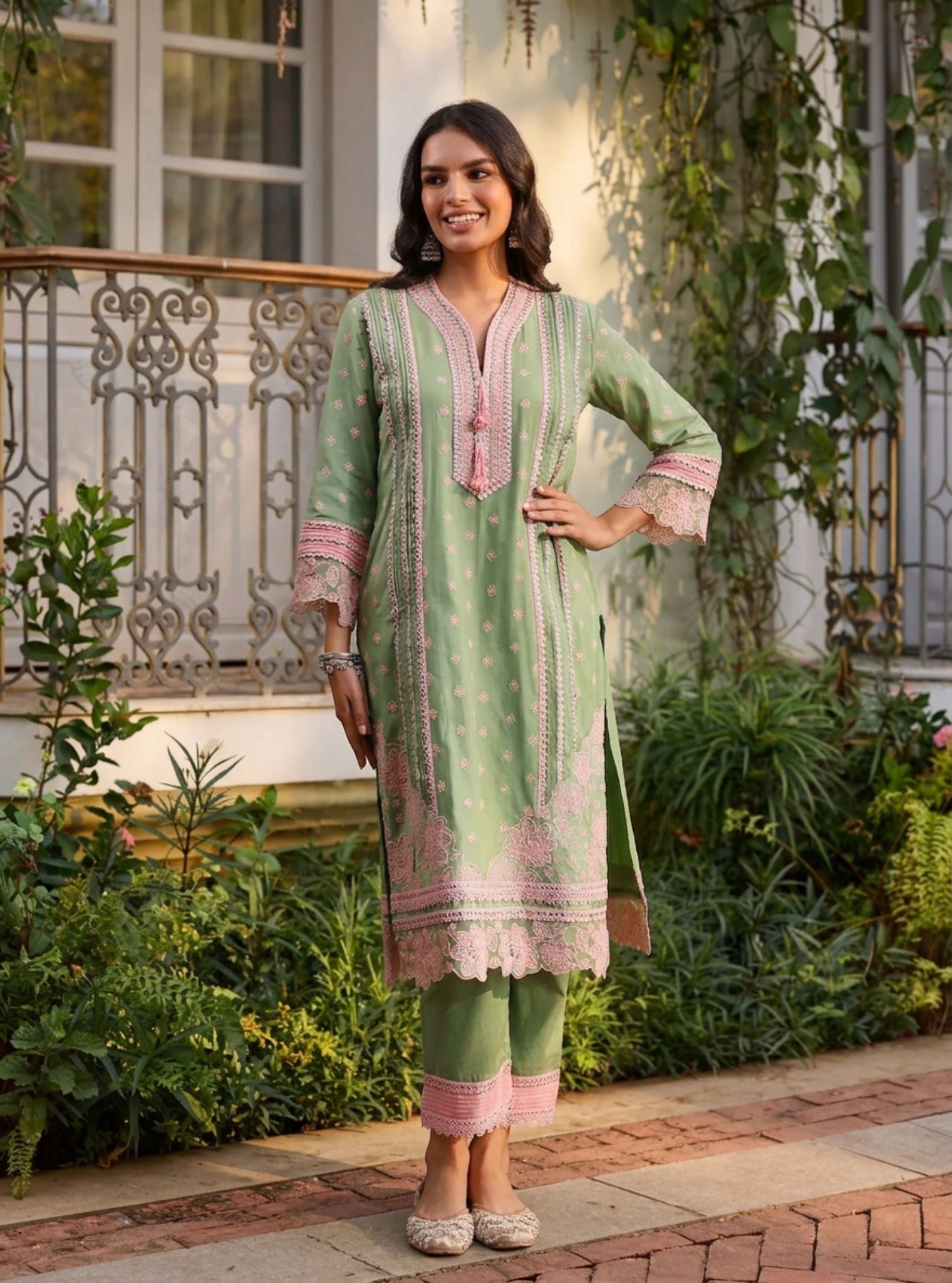 Pira Pima Satin Parrot Green Kurta Set
