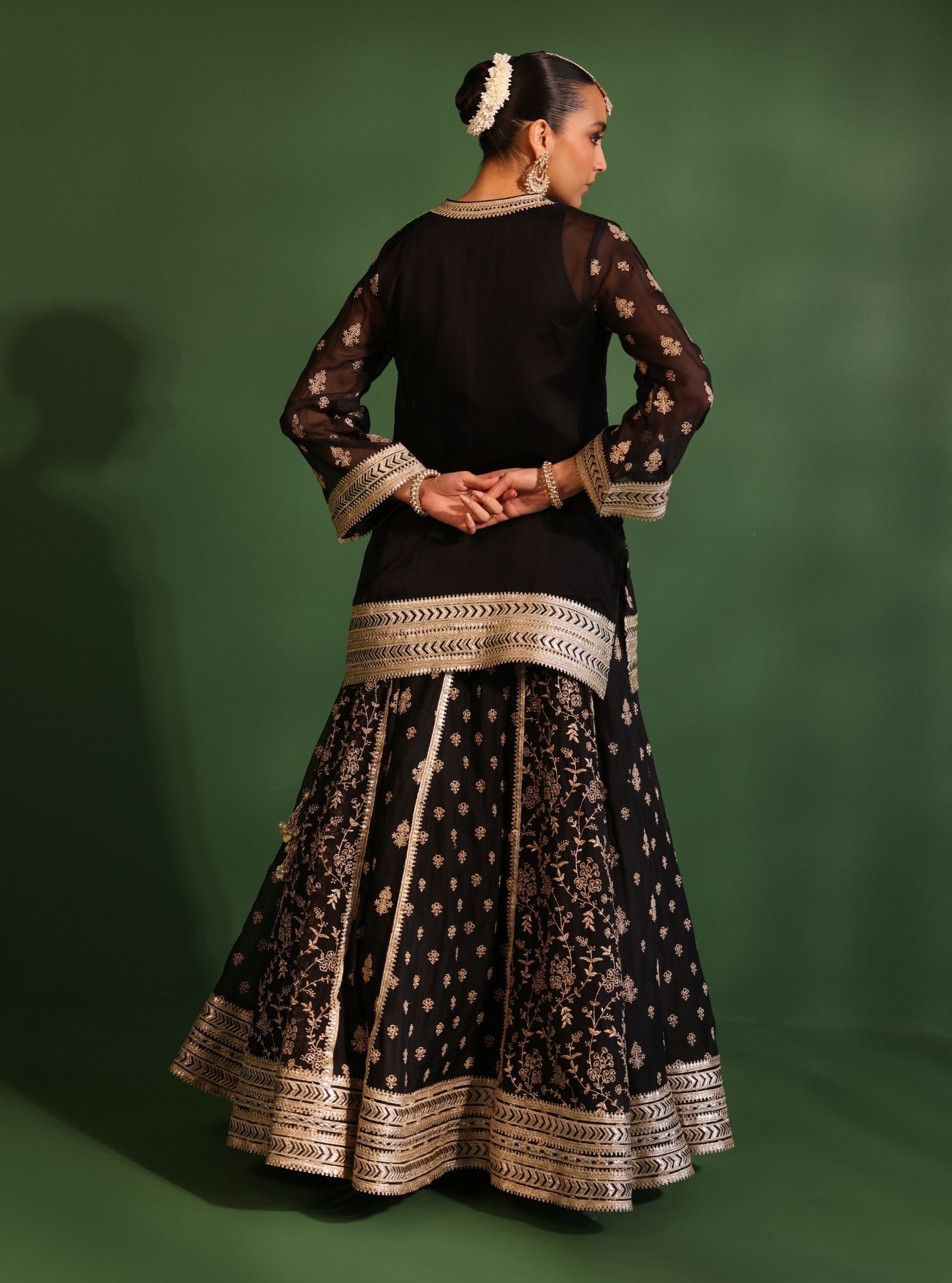 Mulmul Organza Tarang Black Kurta With Mulmul Organza Tarang Black Lehenga