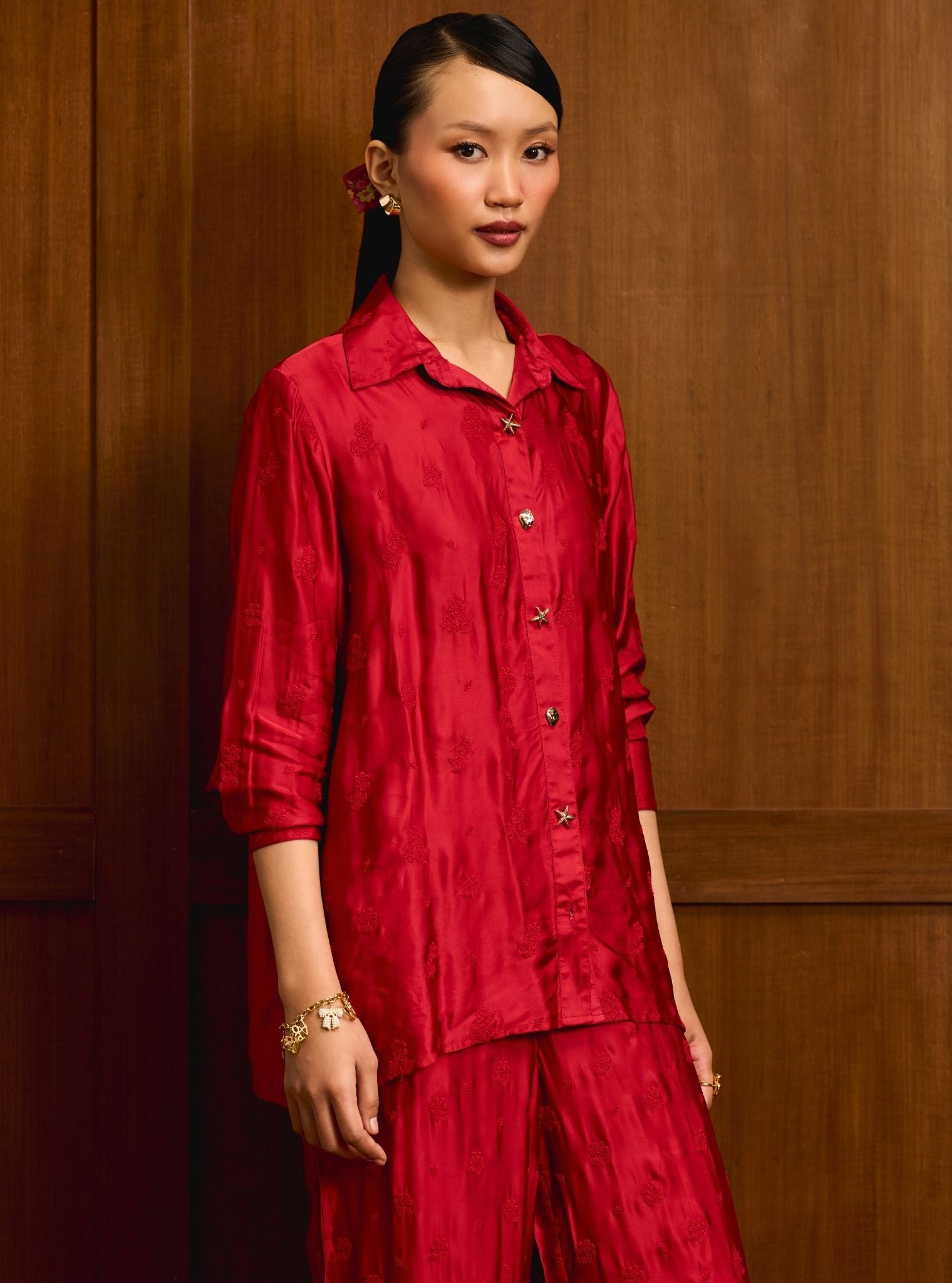 Santree Cupro Satin Red Shirt Set
