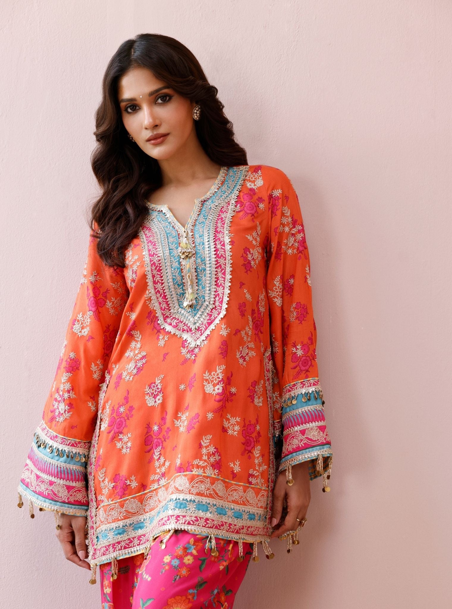 Elia Lawn Printed Orange Kurta with Farshi Salwar