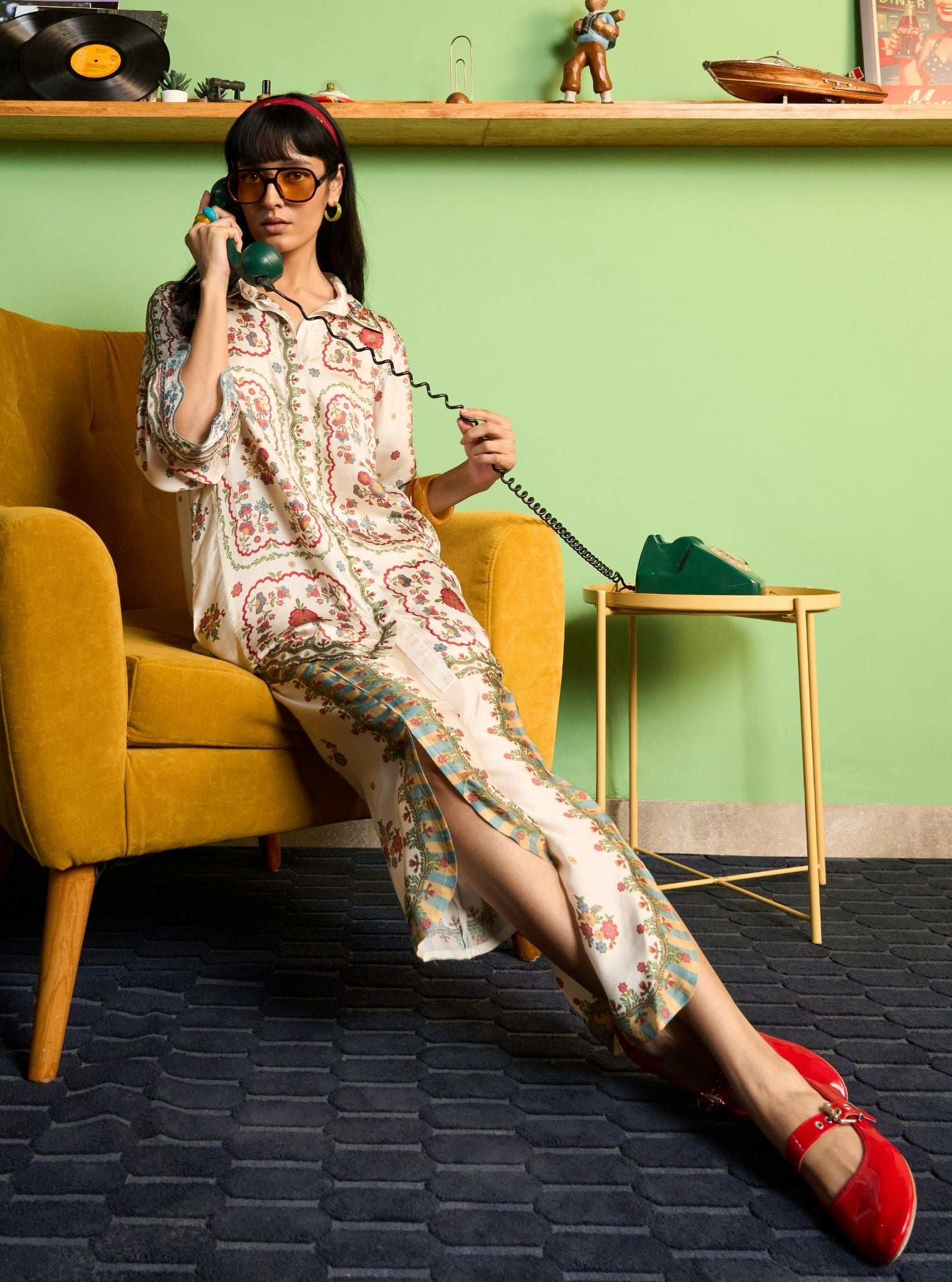 Akhzari Cupro Satin Champagne Printed Shirt Set