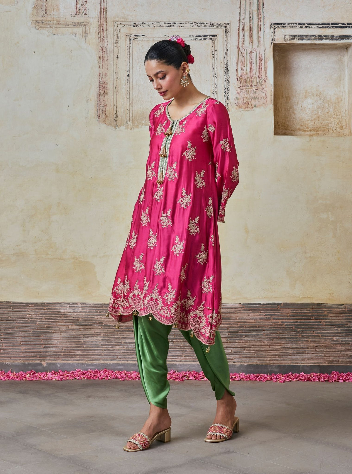 Saazni Cupro Satin Fuchsia Kurta with Matcha Green Dhoti Pants