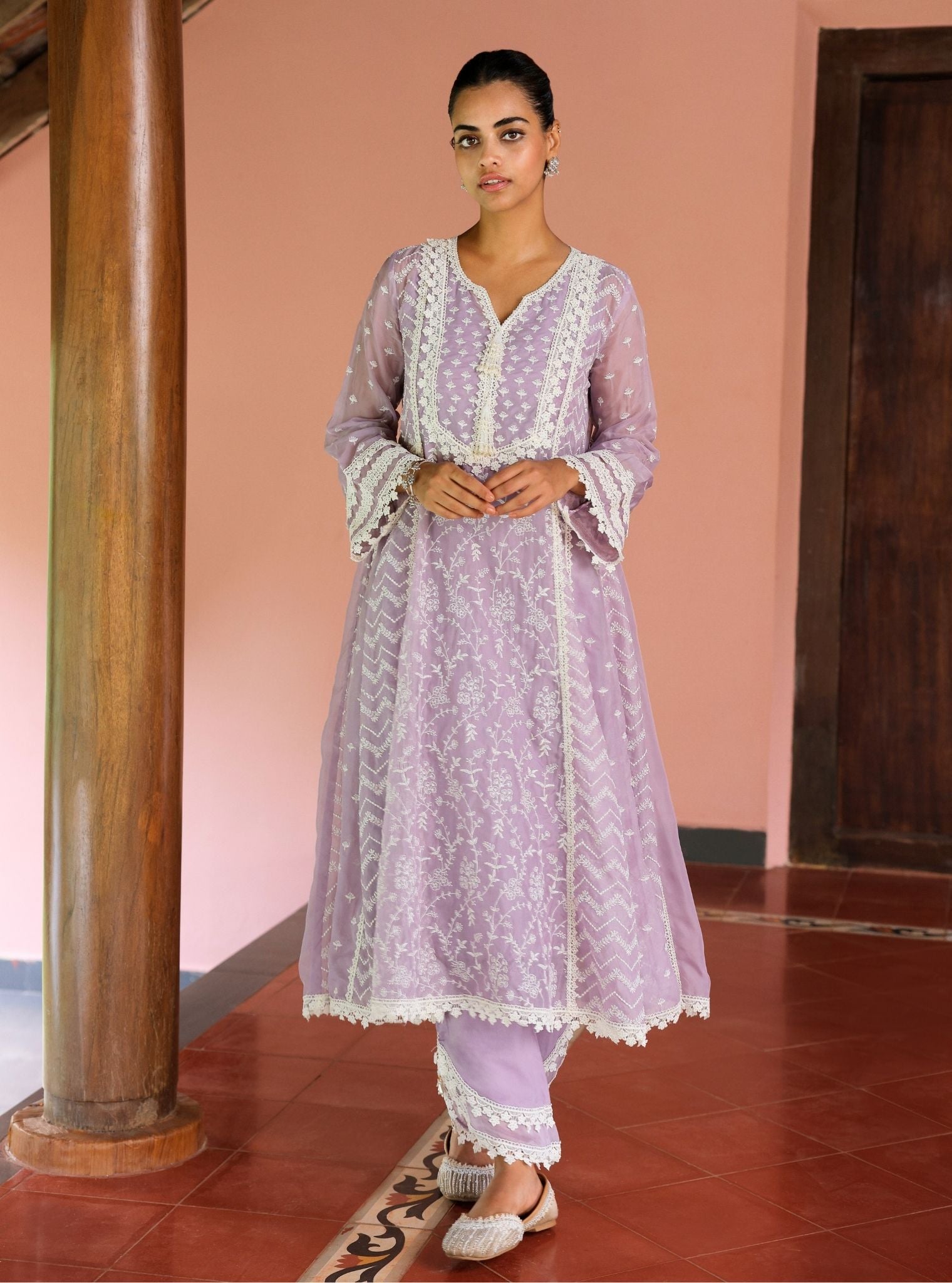 Mulmul Organza Keerth Lavender Anarkali Kurta With Mulmul Cotton Keerth Lavender Pant