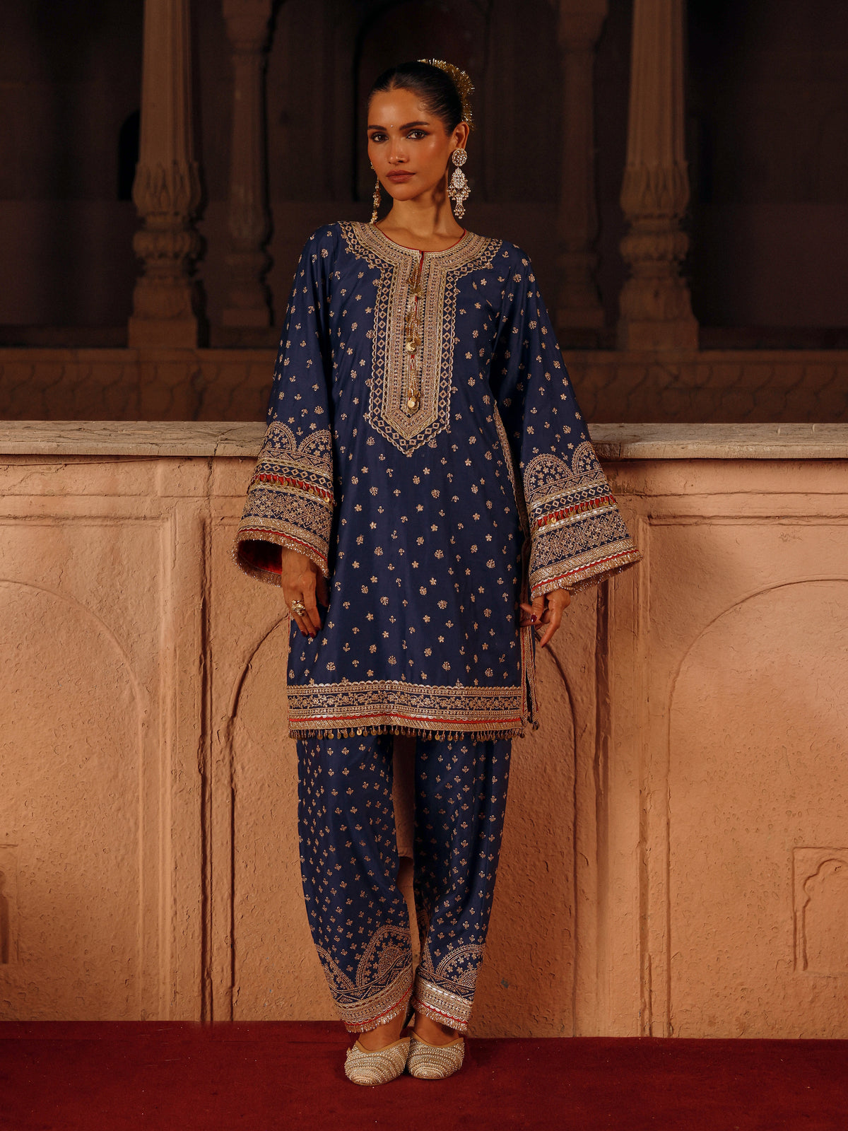 Sairi Pima Satin Navy Short Kurta Set