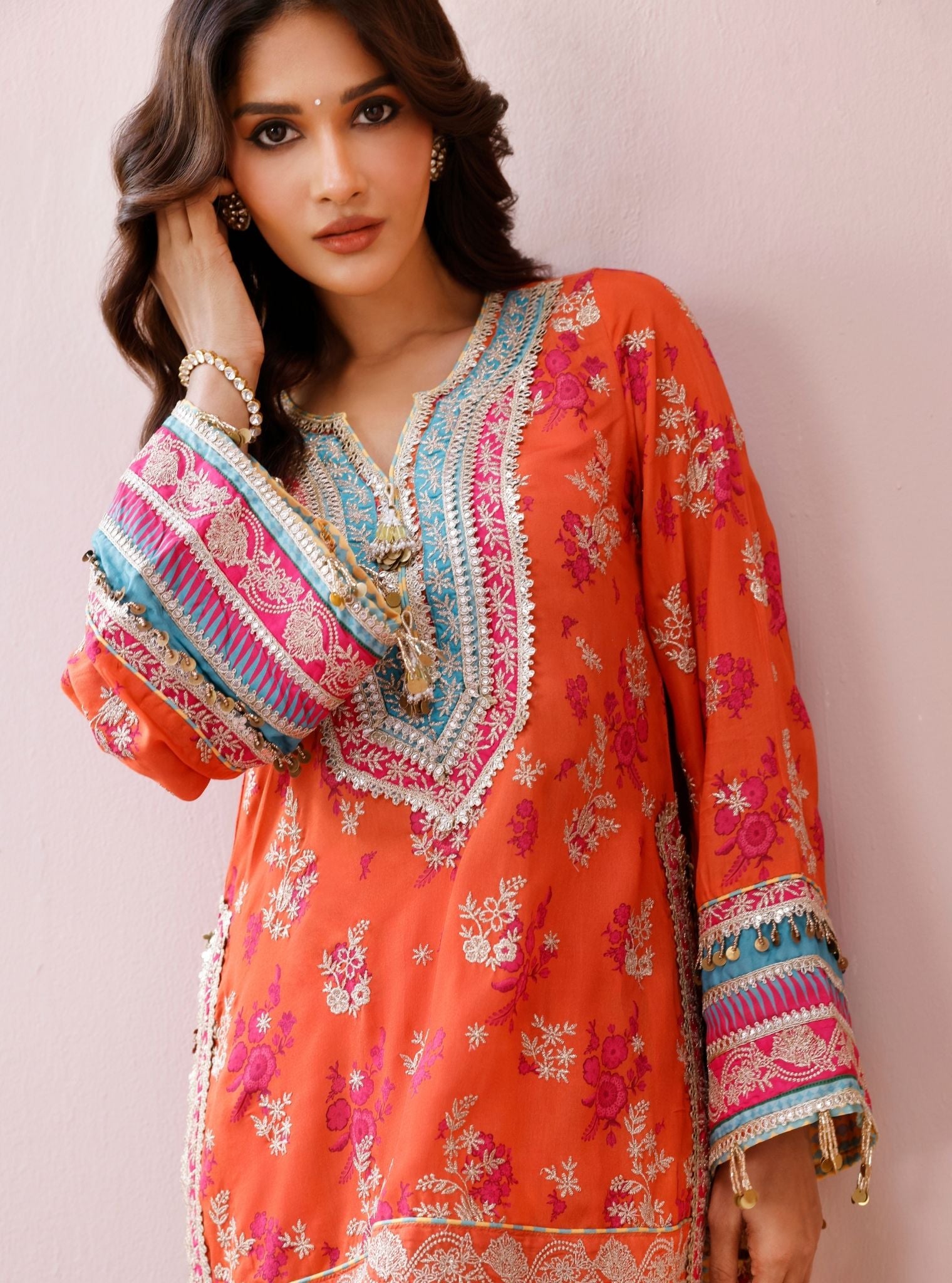 Elia Lawn Printed Orange Kurta with Farshi Salwar