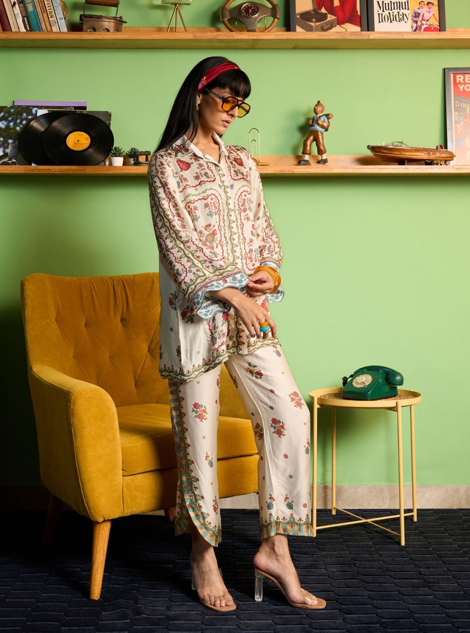 Akhzari Cupro Satin Champagne Printed Shirt Set