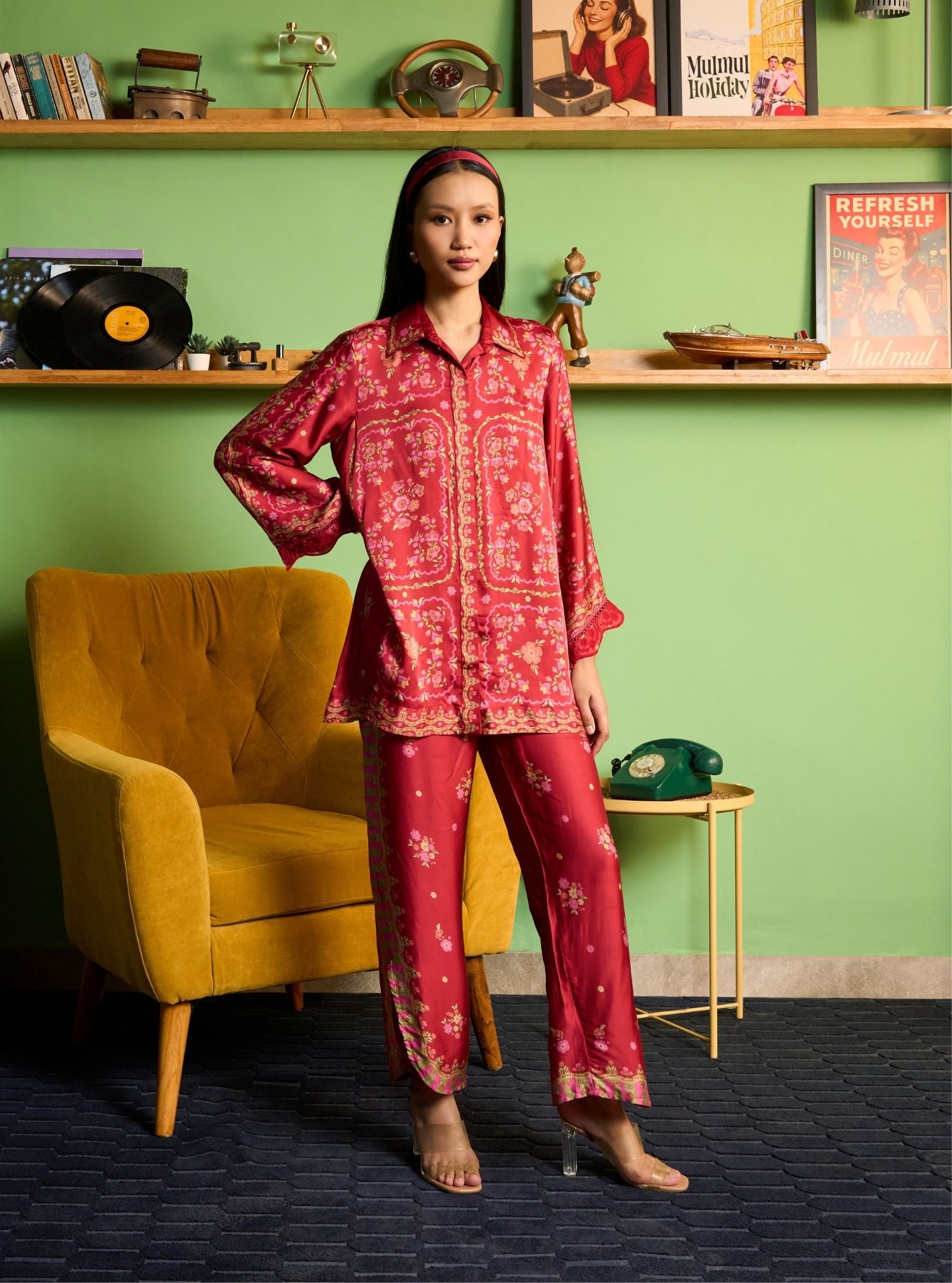 Akhzari Cupro Satin Red Printed Shirt Set