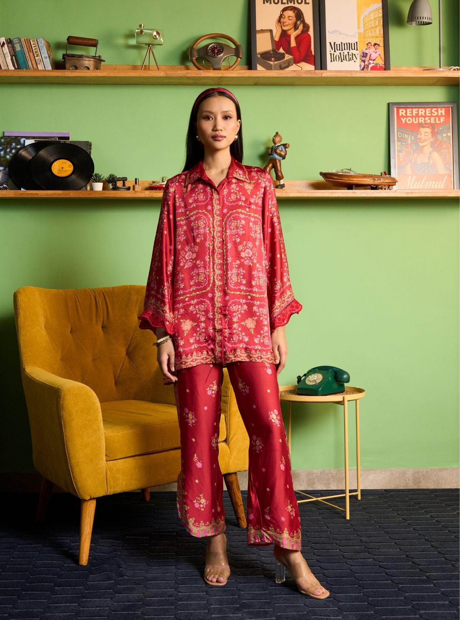 Akhzari Cupro Satin Red Printed Shirt Set