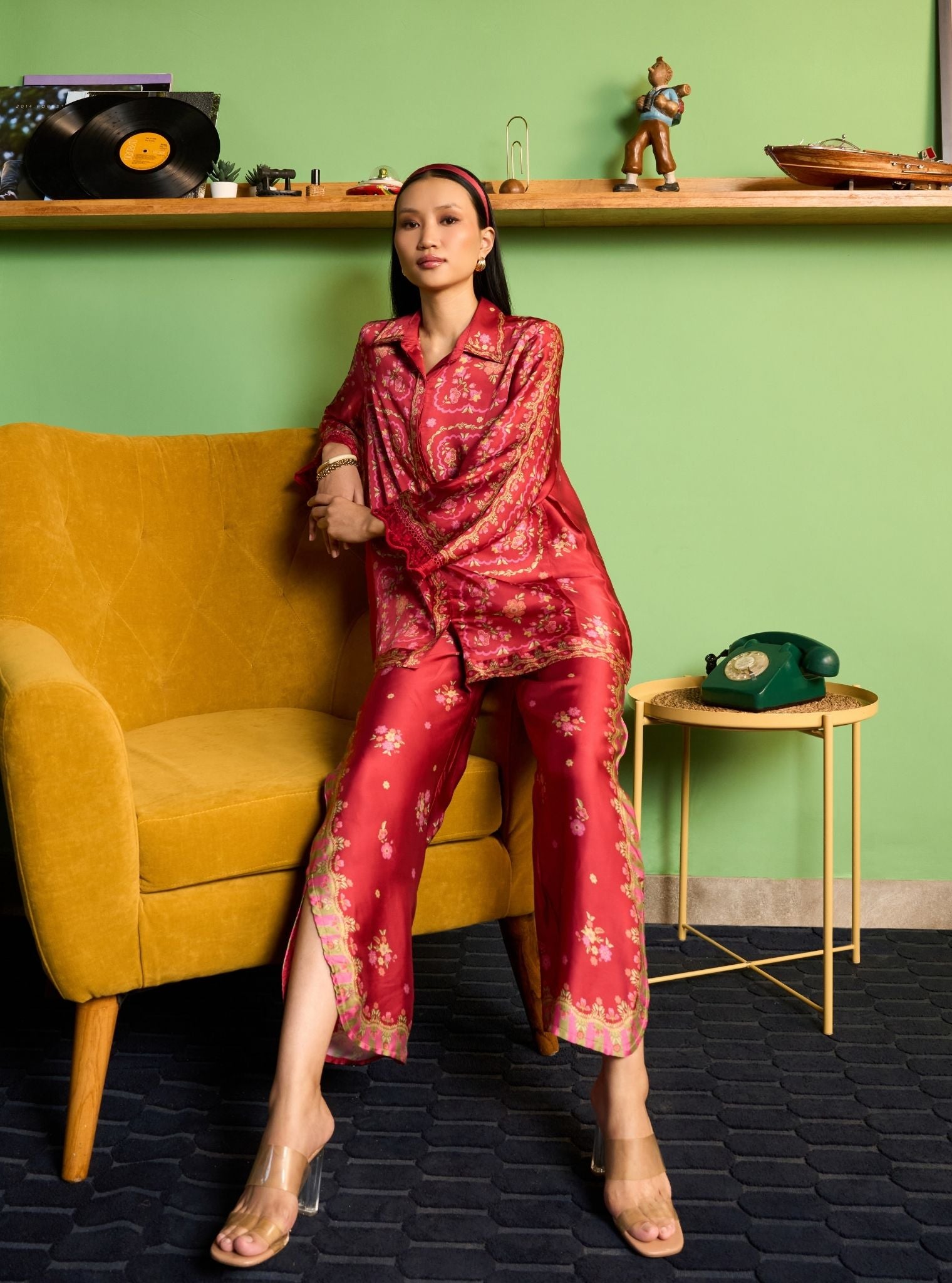 Akhzari Cupro Satin Red Printed Shirt Set