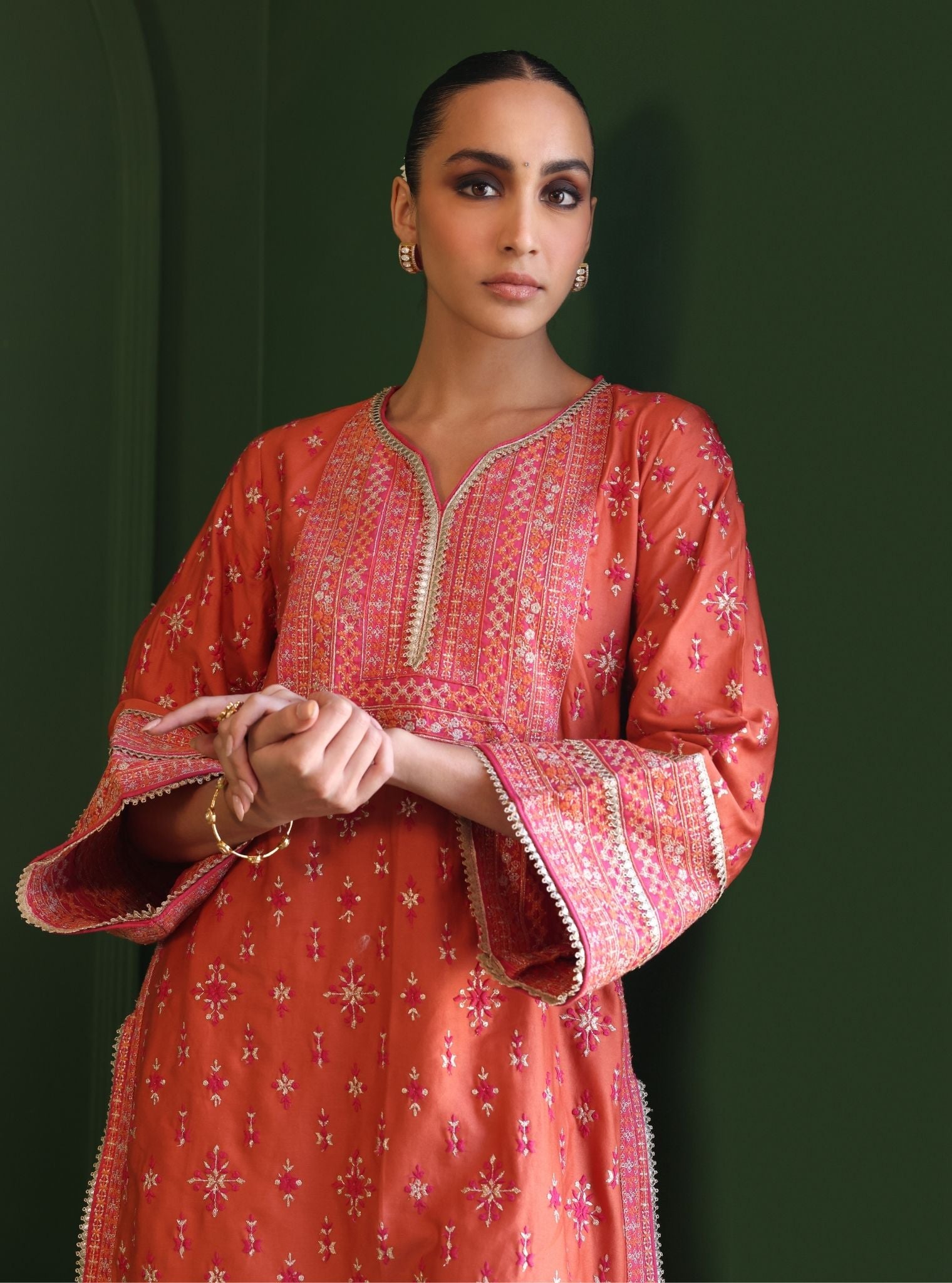 Mulmul Pima Satin Nikhat Orange Kurta With Mulmul Pima Satin Nikhat Orange Pant