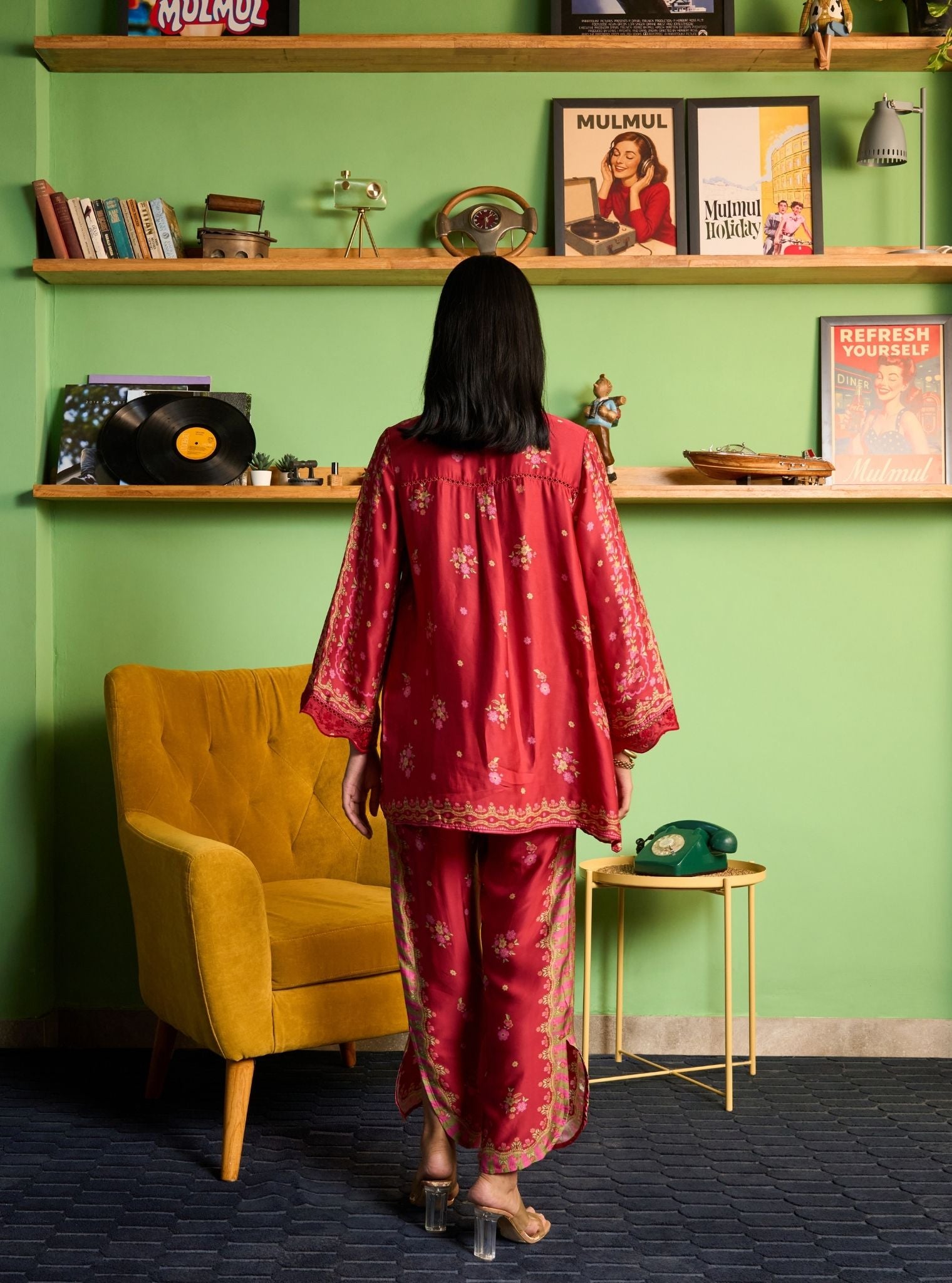 Akhzari Cupro Satin Red Printed Shirt Set