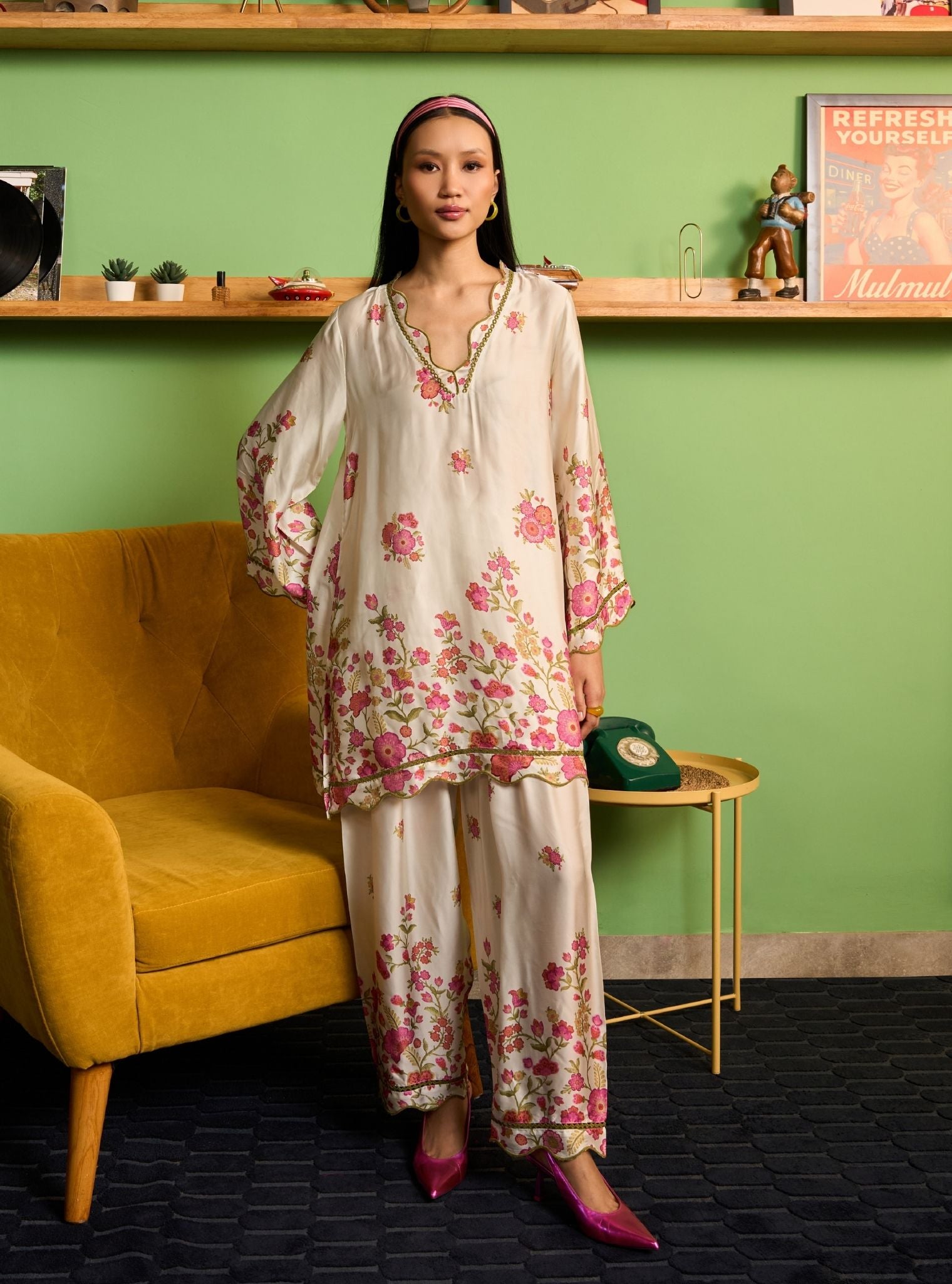 Nriti Cupro Satin Printed Off White Co-ord set