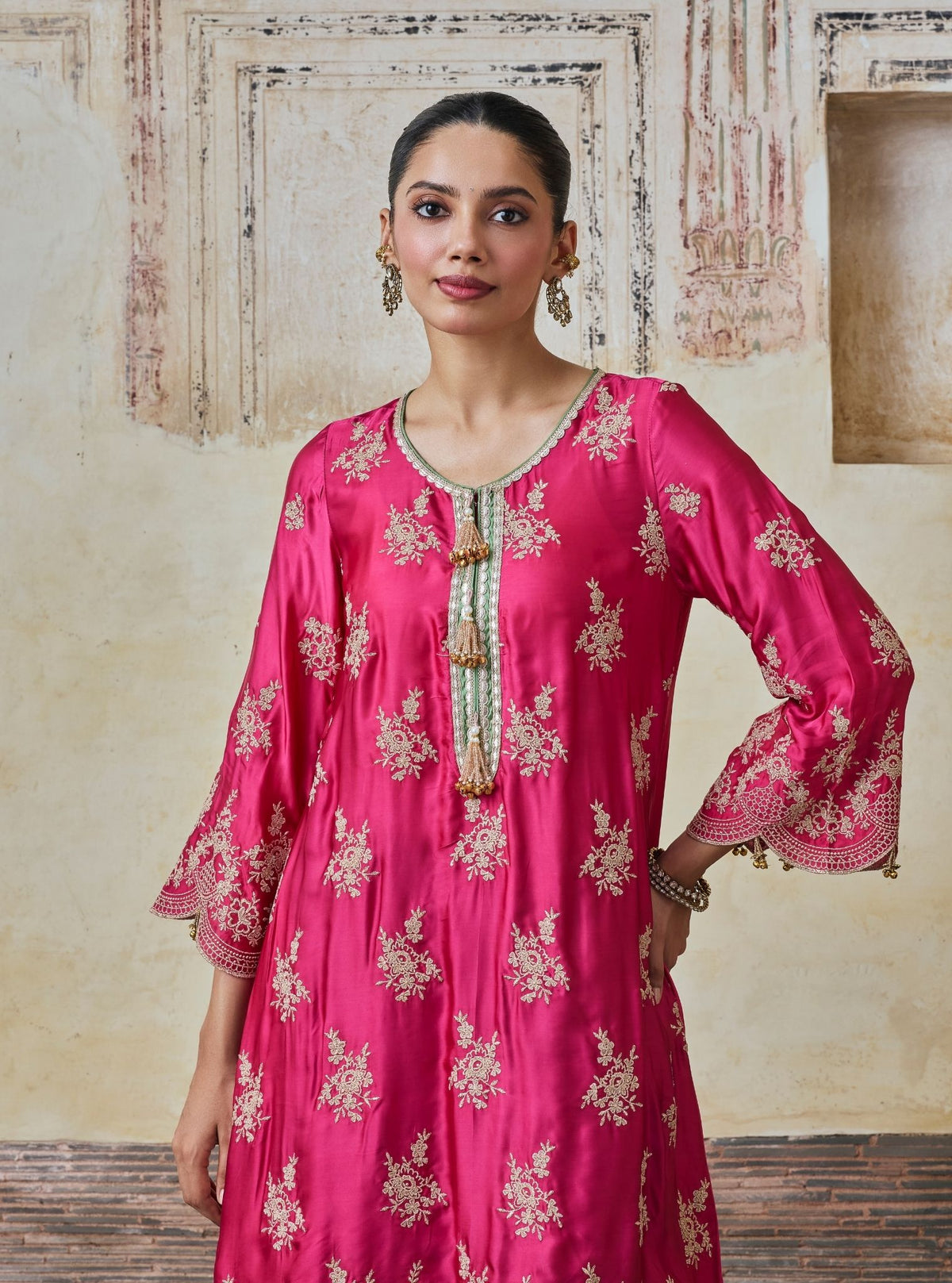 Saazni Cupro Satin Fuchsia Kurta with Matcha Green Dhoti Pants