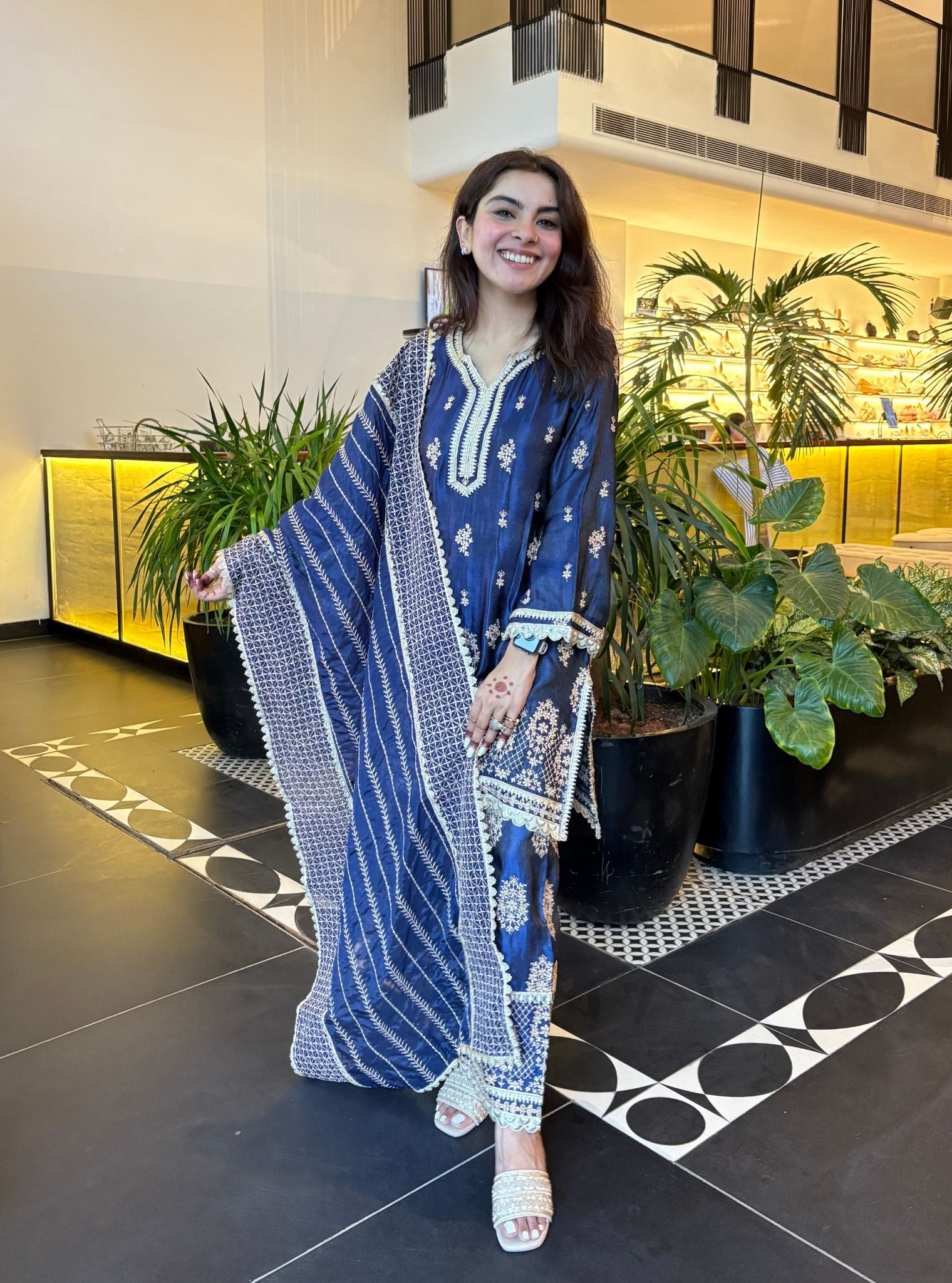 Vaari Luxe Tissue Satin Navy Kurta Set