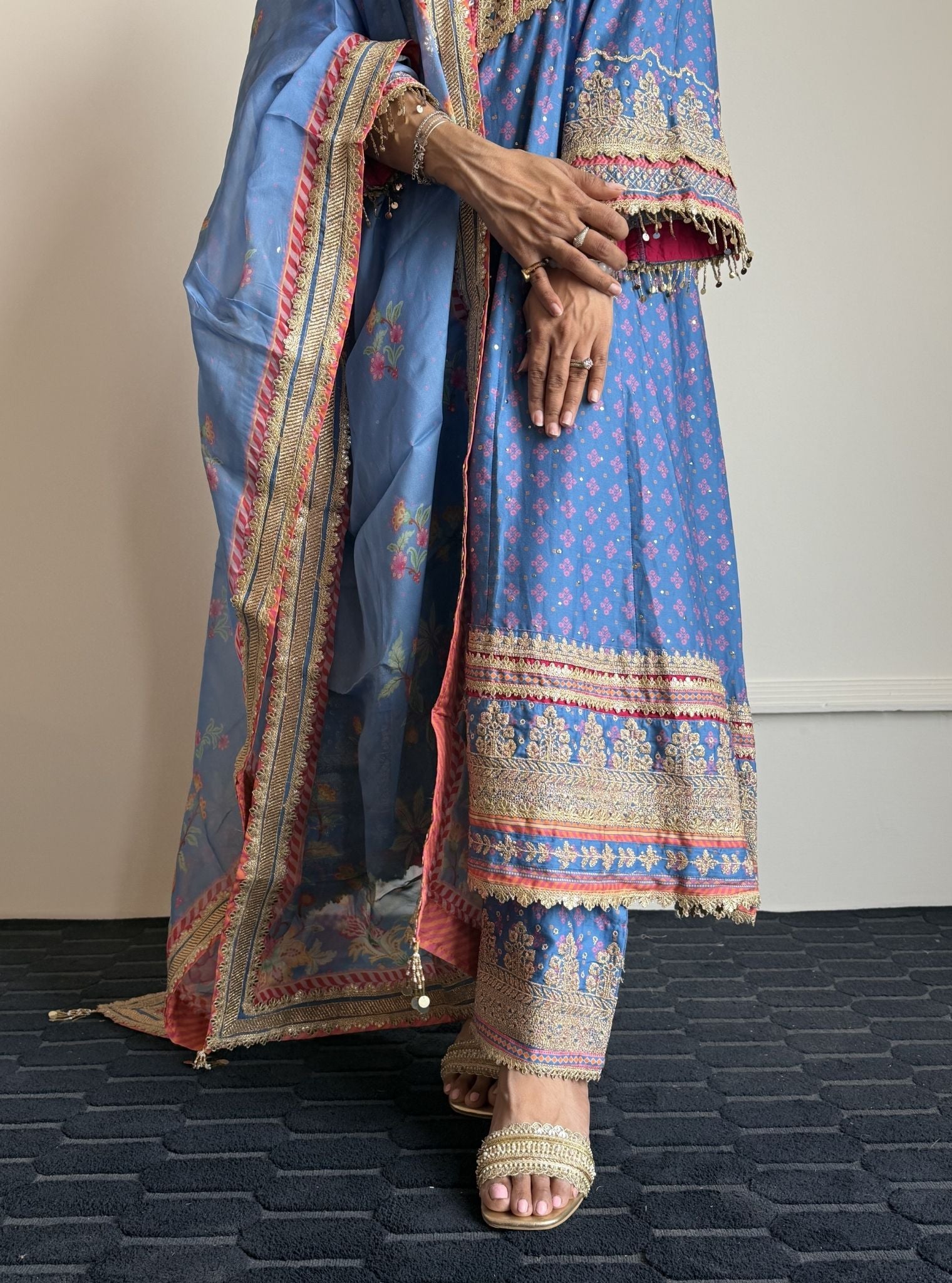 Maitri Pima Satin Steel Blue Kurta Set