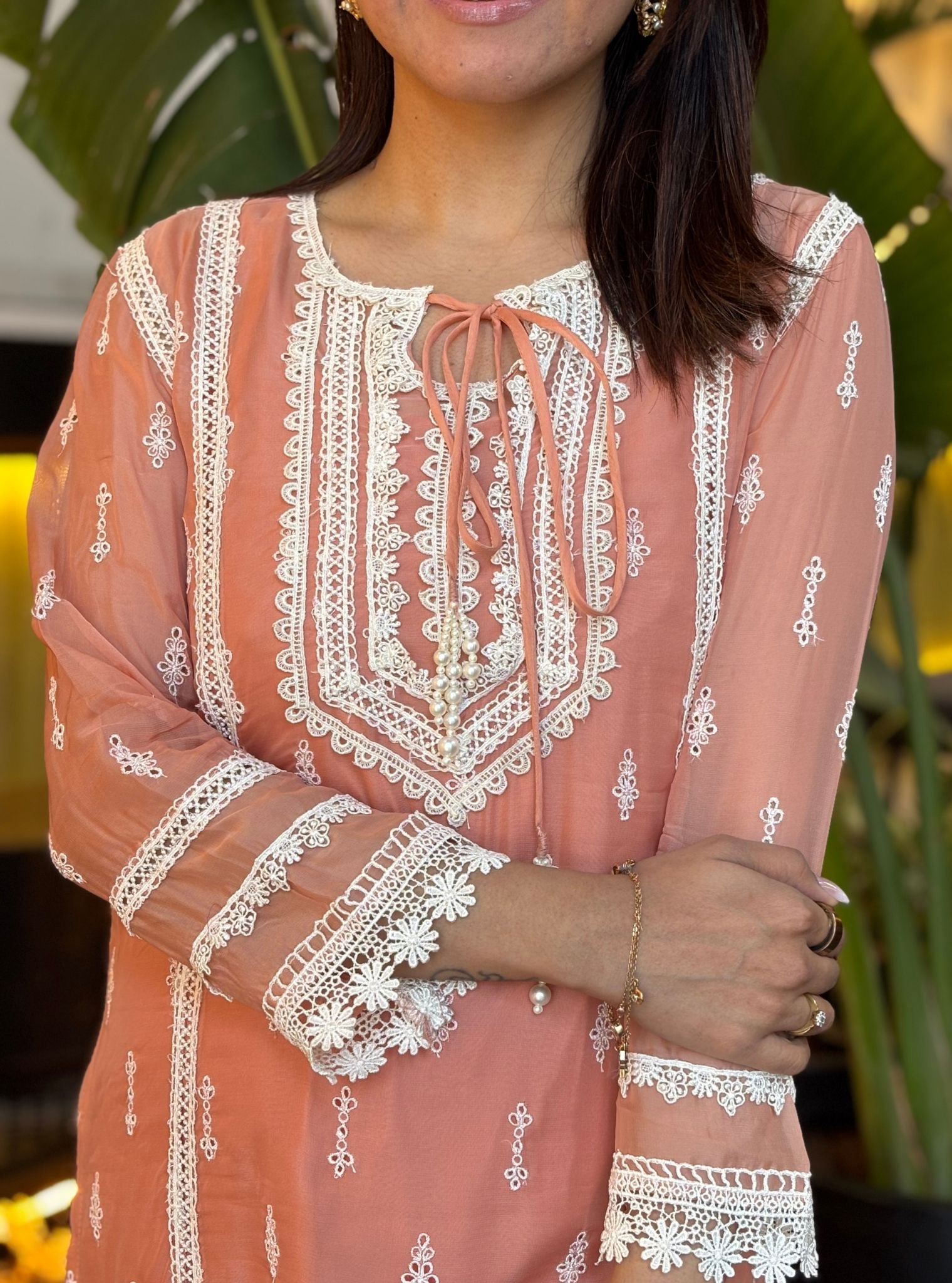 Mulmul Organza Delie Peach Kurta With Mulmul Cotton Delie Peach Pant