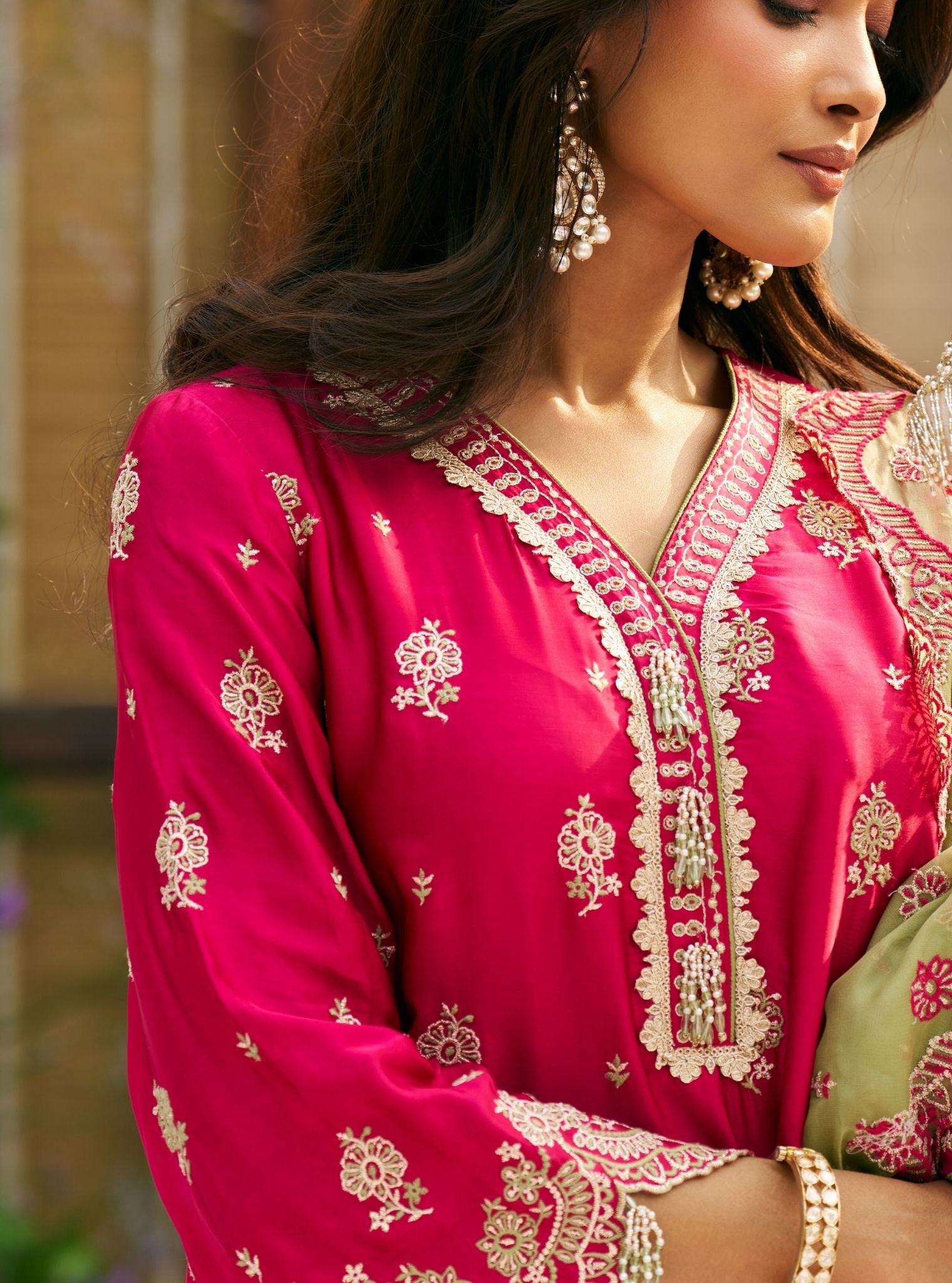 Phulkari Cupro Satin Rani Pink Kurta Set